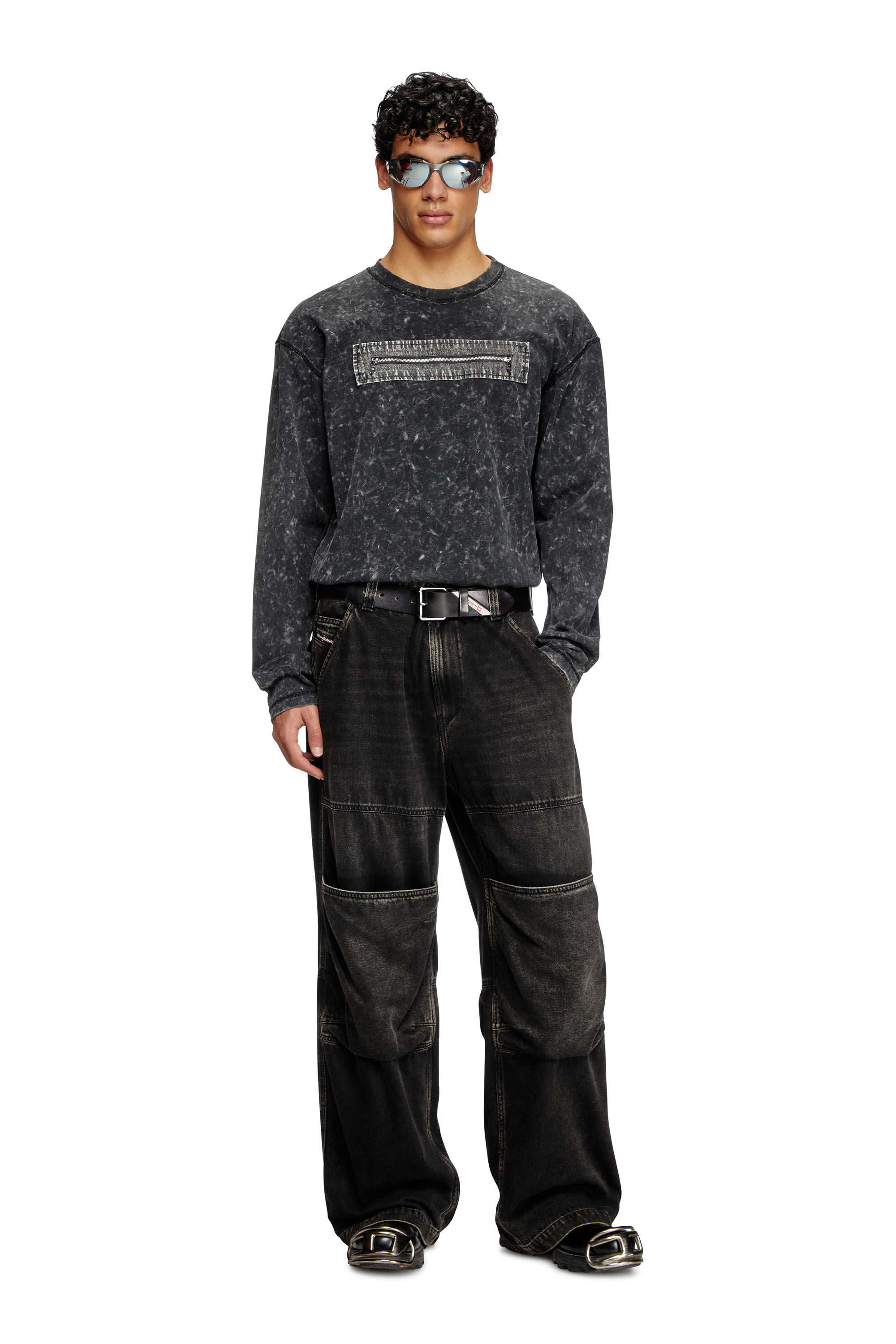 Diesel - T-AUSER, Man's Marble-effect top with zipped cu-outs in Black - 1