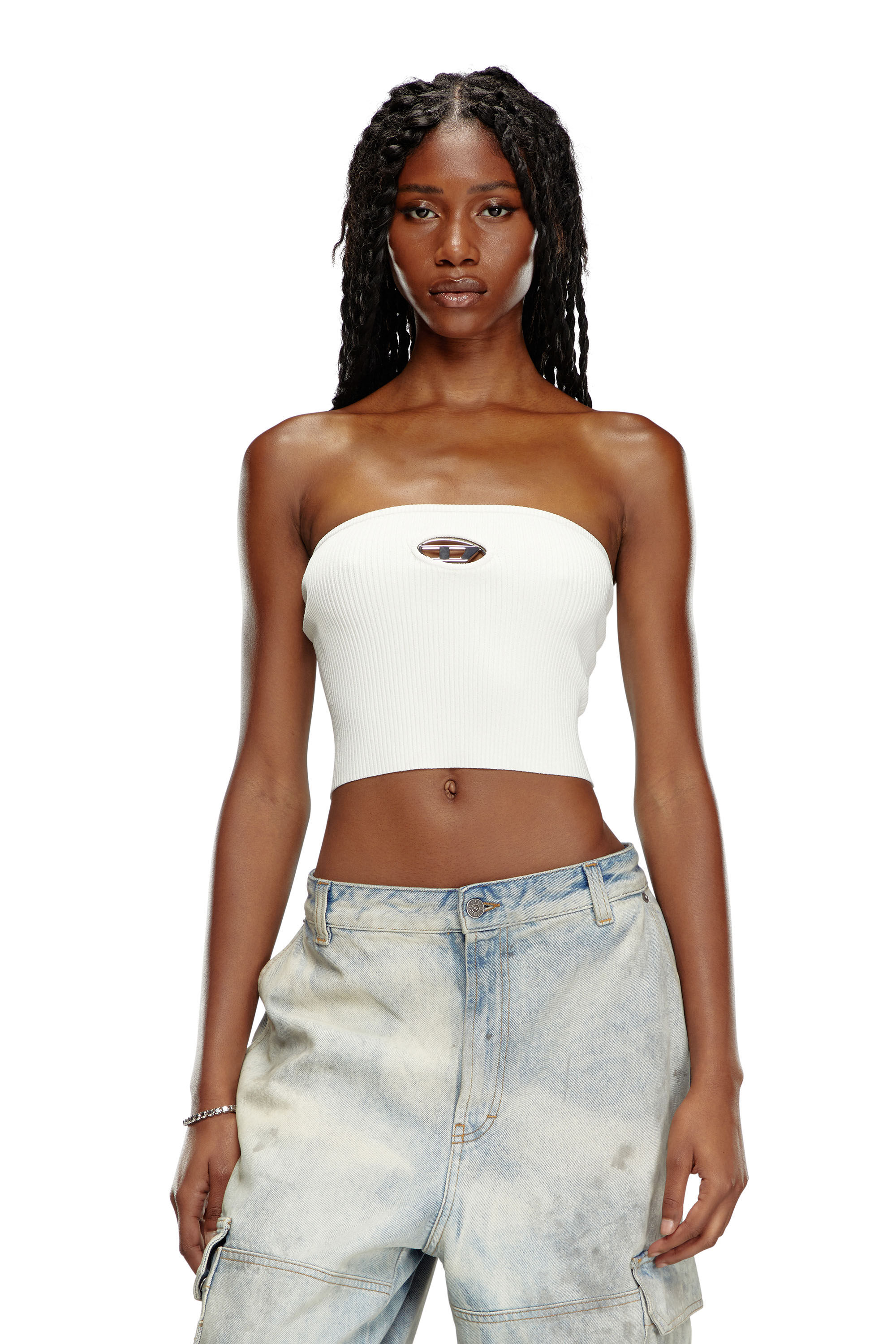 ■DIESEL■ M Clarksville Knit Top White A130190DLAX100 A1301 Women's Tube top with logo plaque | White | Diesel