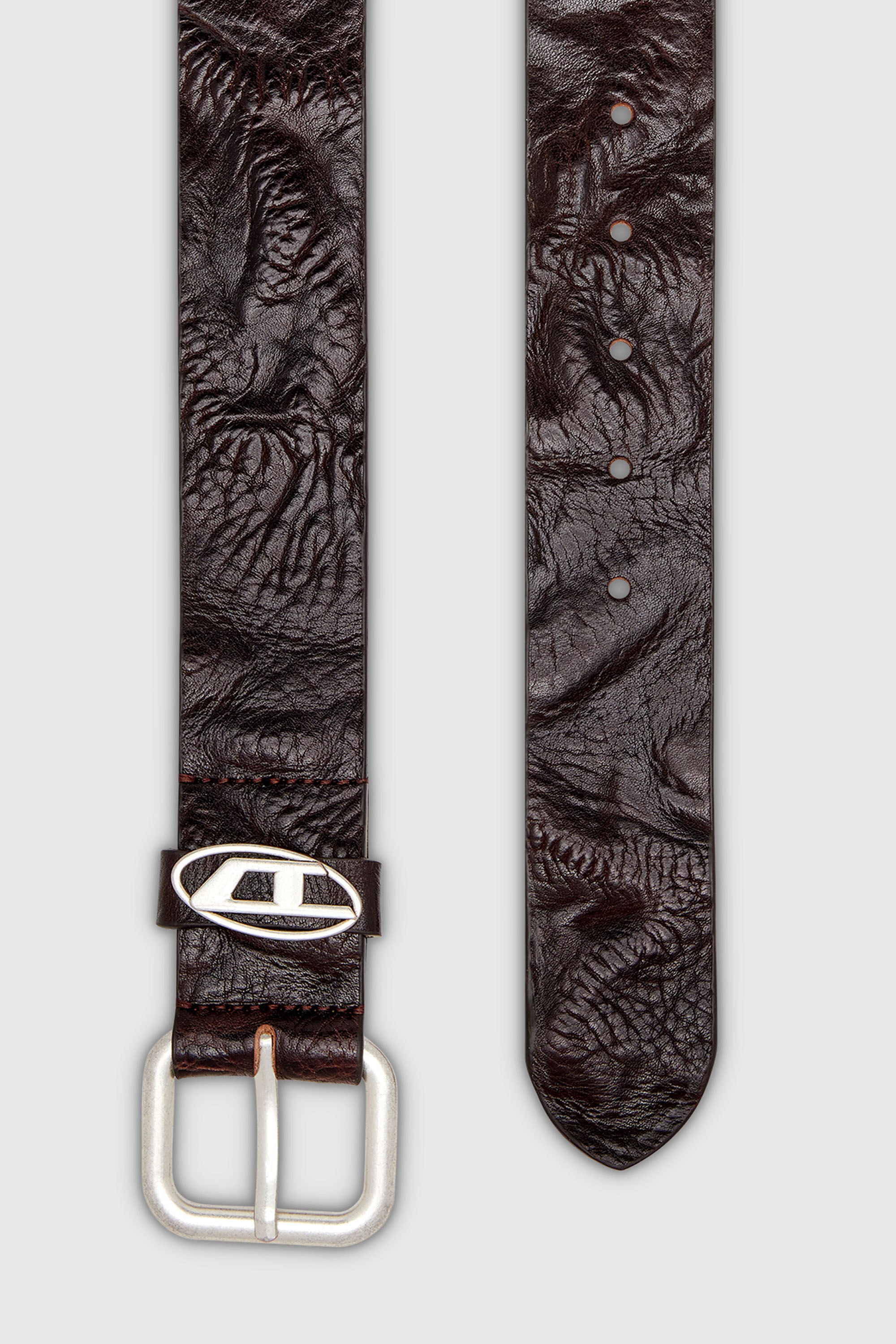 Diesel - B-1DR OVAL D LOOP, Unisex's 3.9cm logo-plaque wrinkled leather belt in Dark Brown - 2