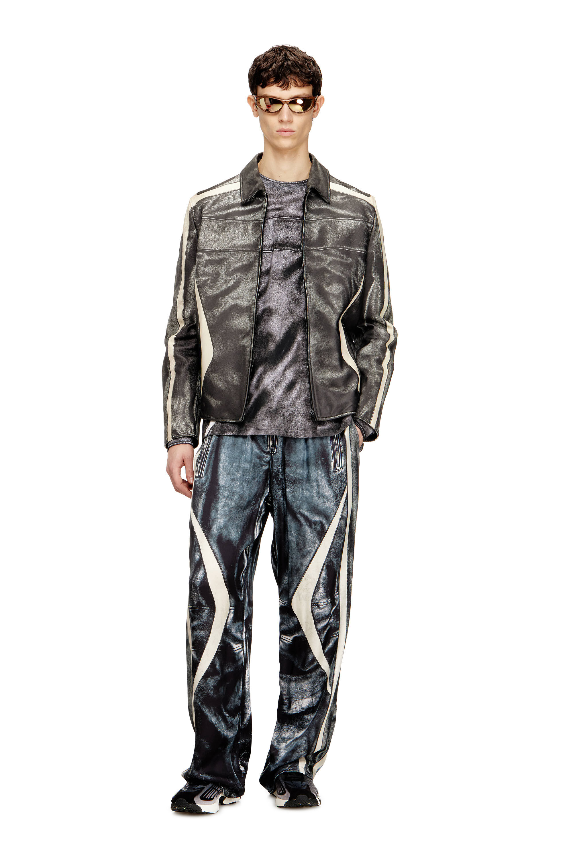 Diesel - L-AMAR-ENBI, Man's Leather coach jacket with biker print in Black/White - 1