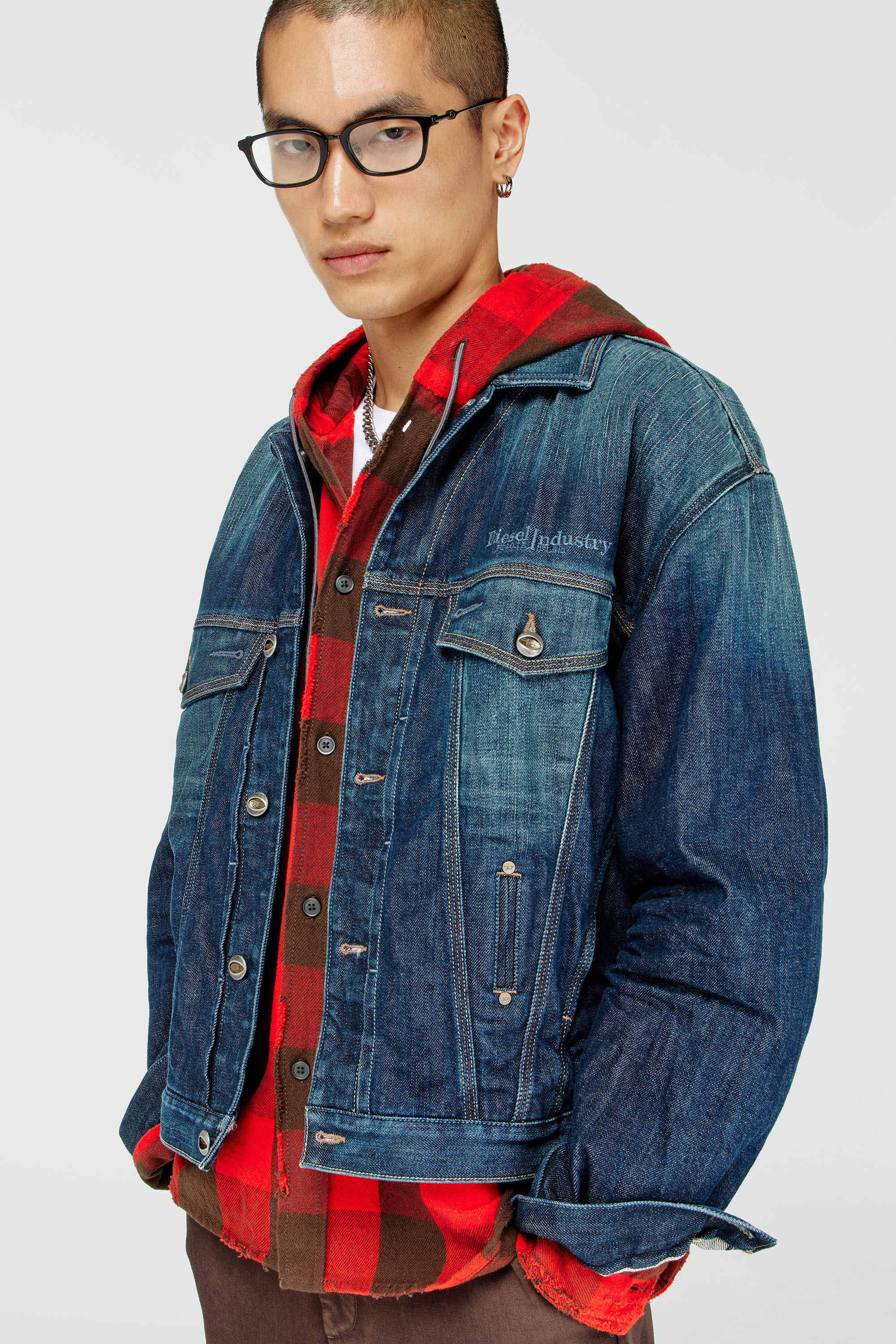 Diesel - S-DRUM-HOODY, Man's Distressed hooded shirt in check flannel in Brown/Red - 5