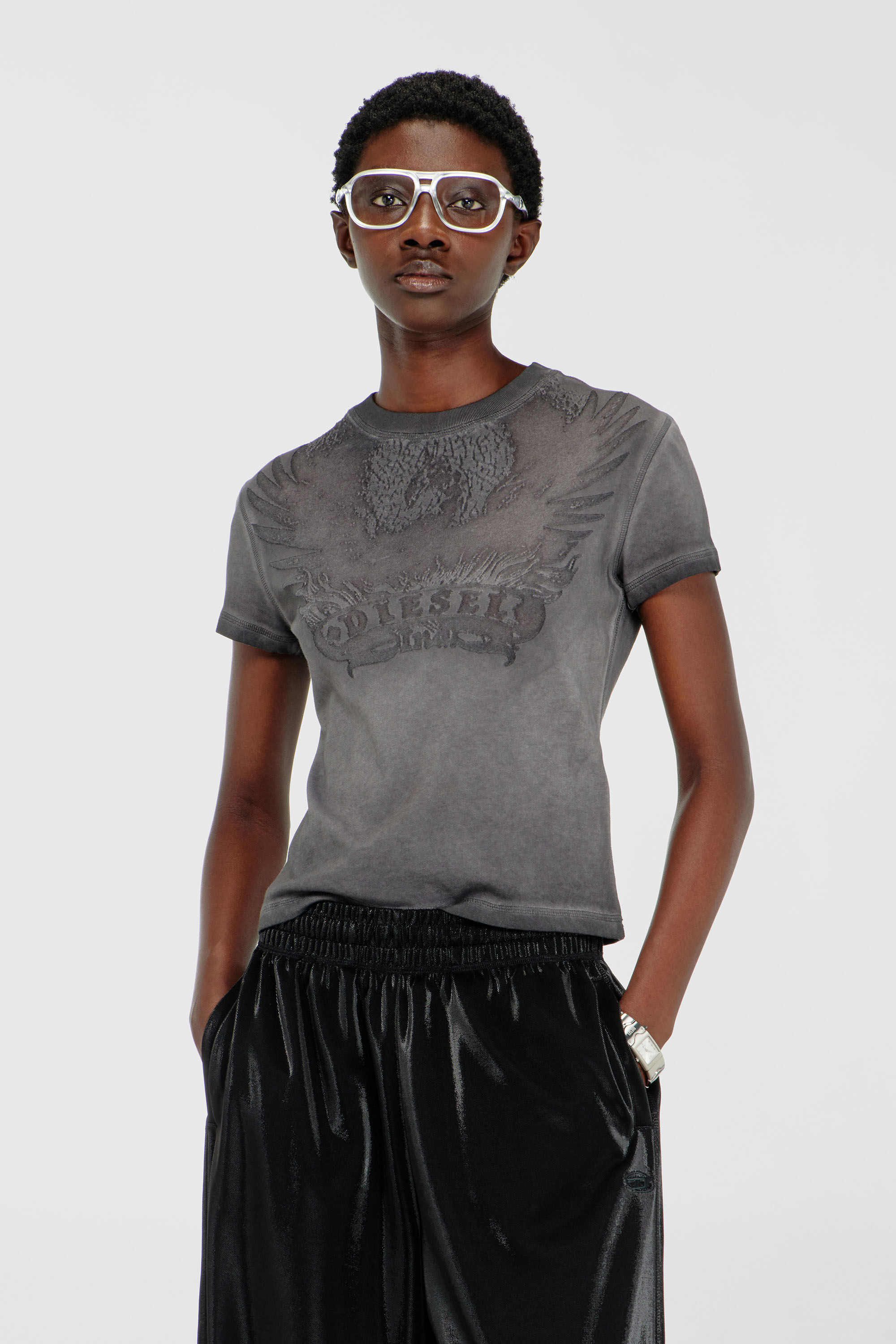 Diesel - T-ILA-AA7, Woman's Slim T-shirt with d&eacute;vor&eacute; Phoenix in Dark grey - 3