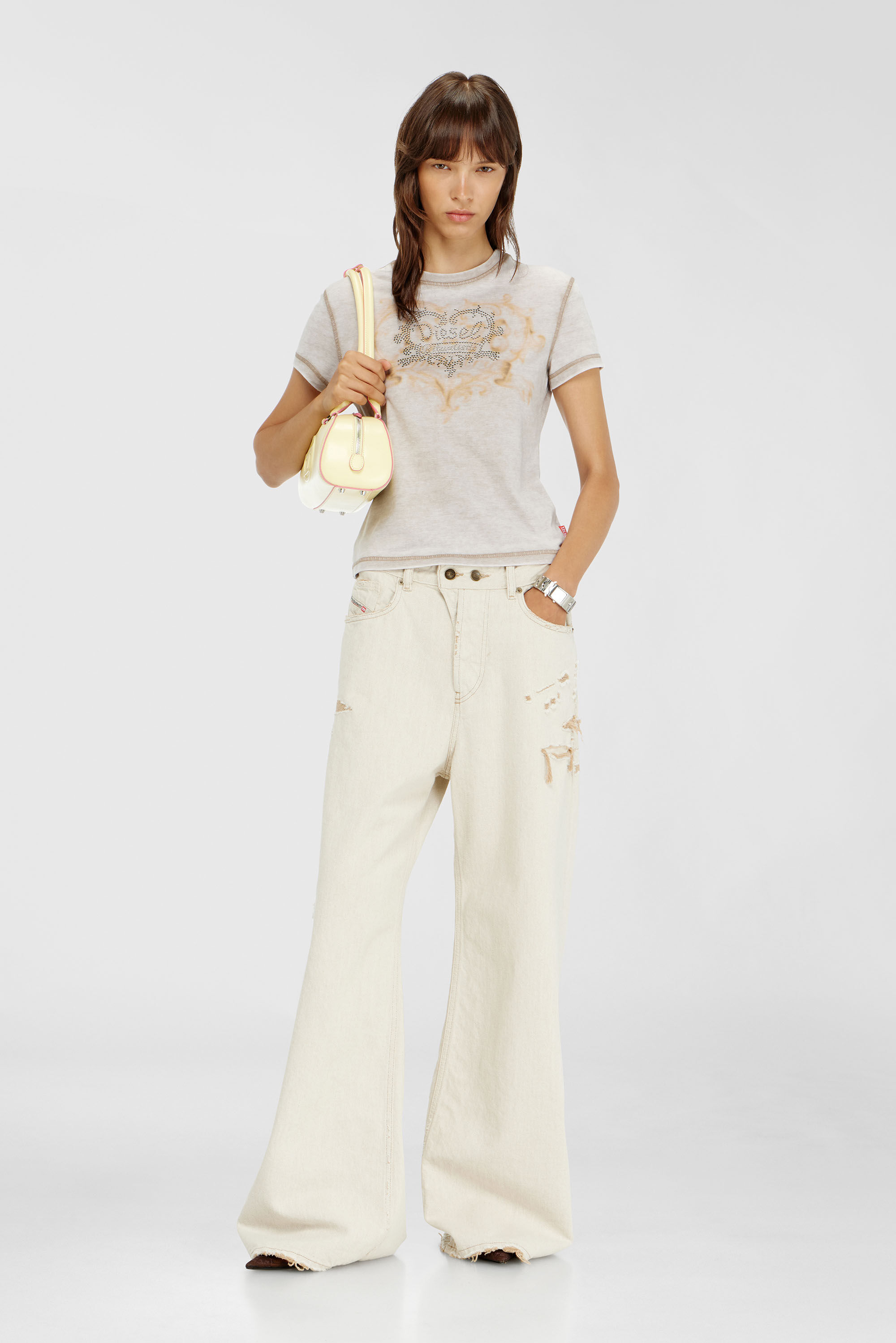 Diesel - T-ILA-AA1, Woman's Jersey t-shirt with rhinestones and burnout effect in Light Grey - 1