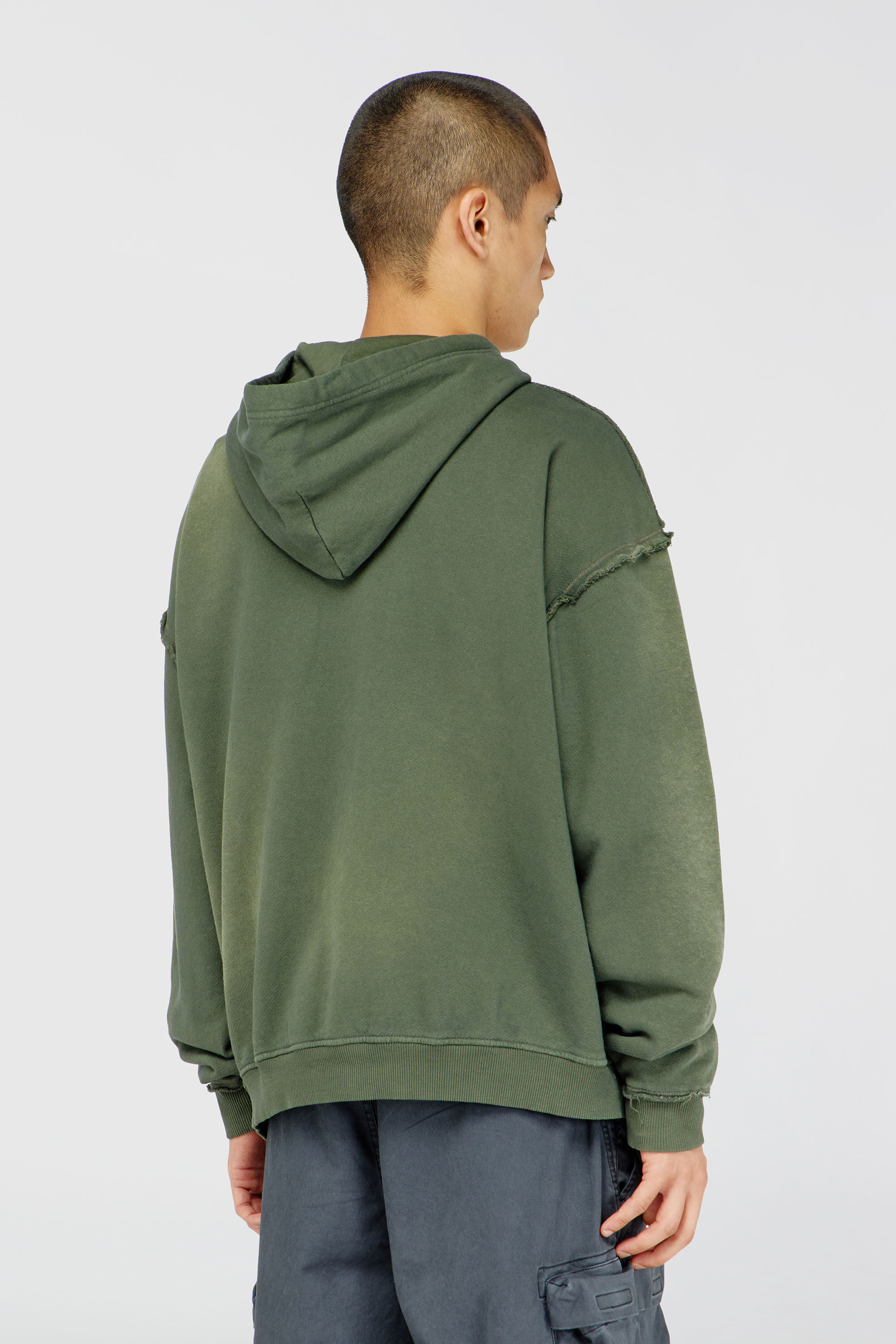 Diesel - S-POCK-HOOD, Man's Faded cotton hoodie with frayed details in Military Green - 4