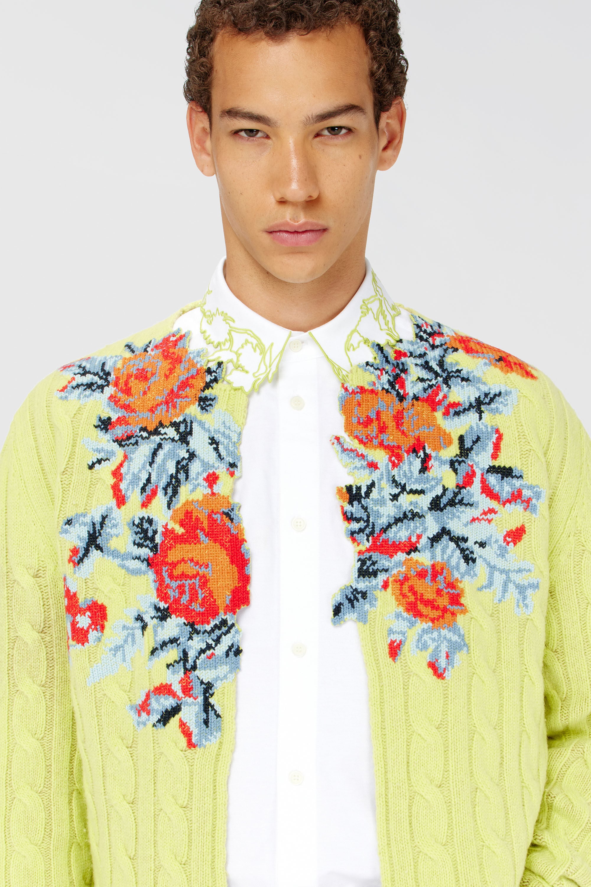 Diesel - K-RINO, Man's Open-front cardigan in floral cable knit in Yellow Fluo - 5