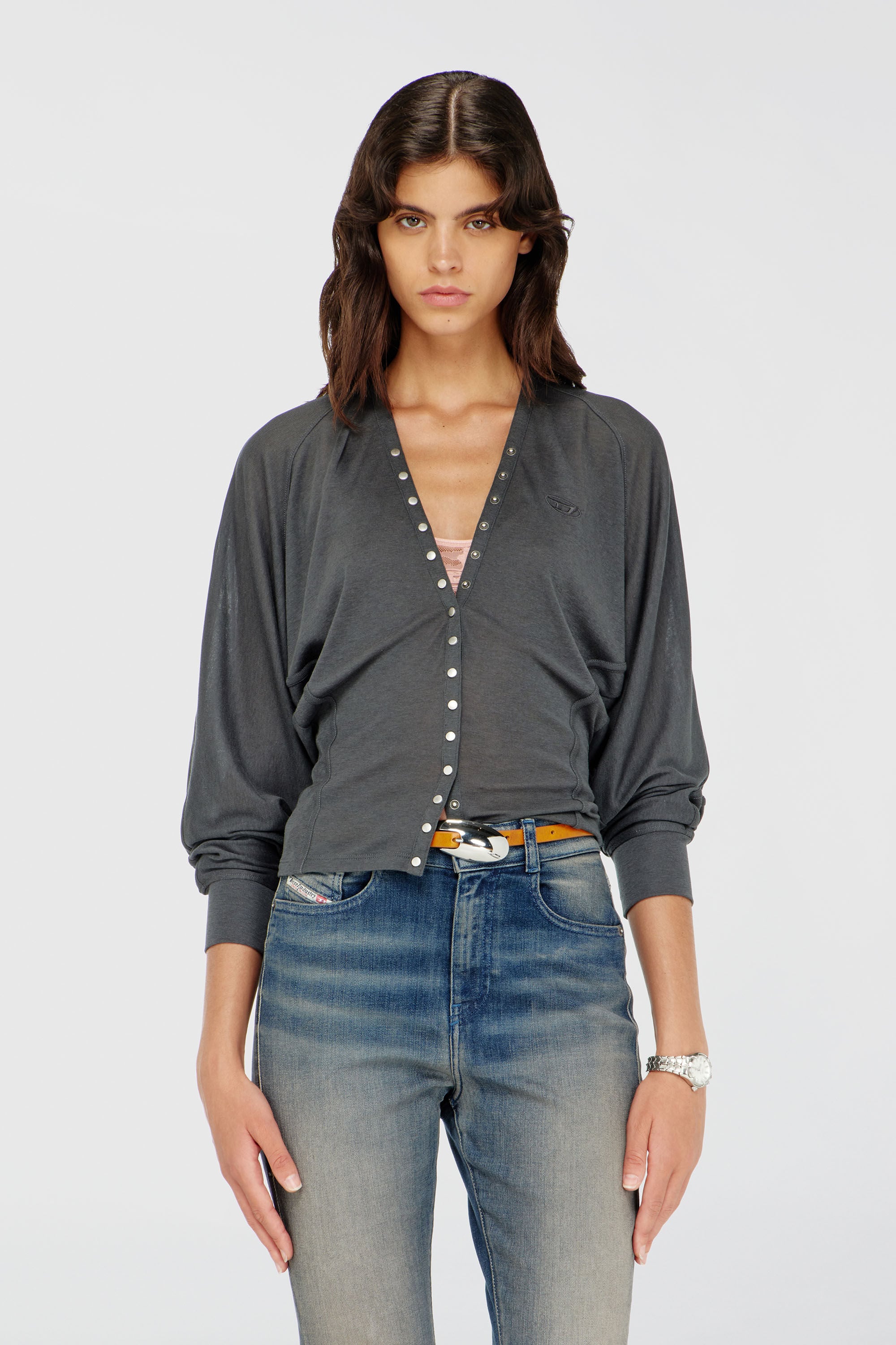 Diesel - T-ISERINA, Woman's Tencel-blend cardigan top with batwing sleeves in Grey - 3