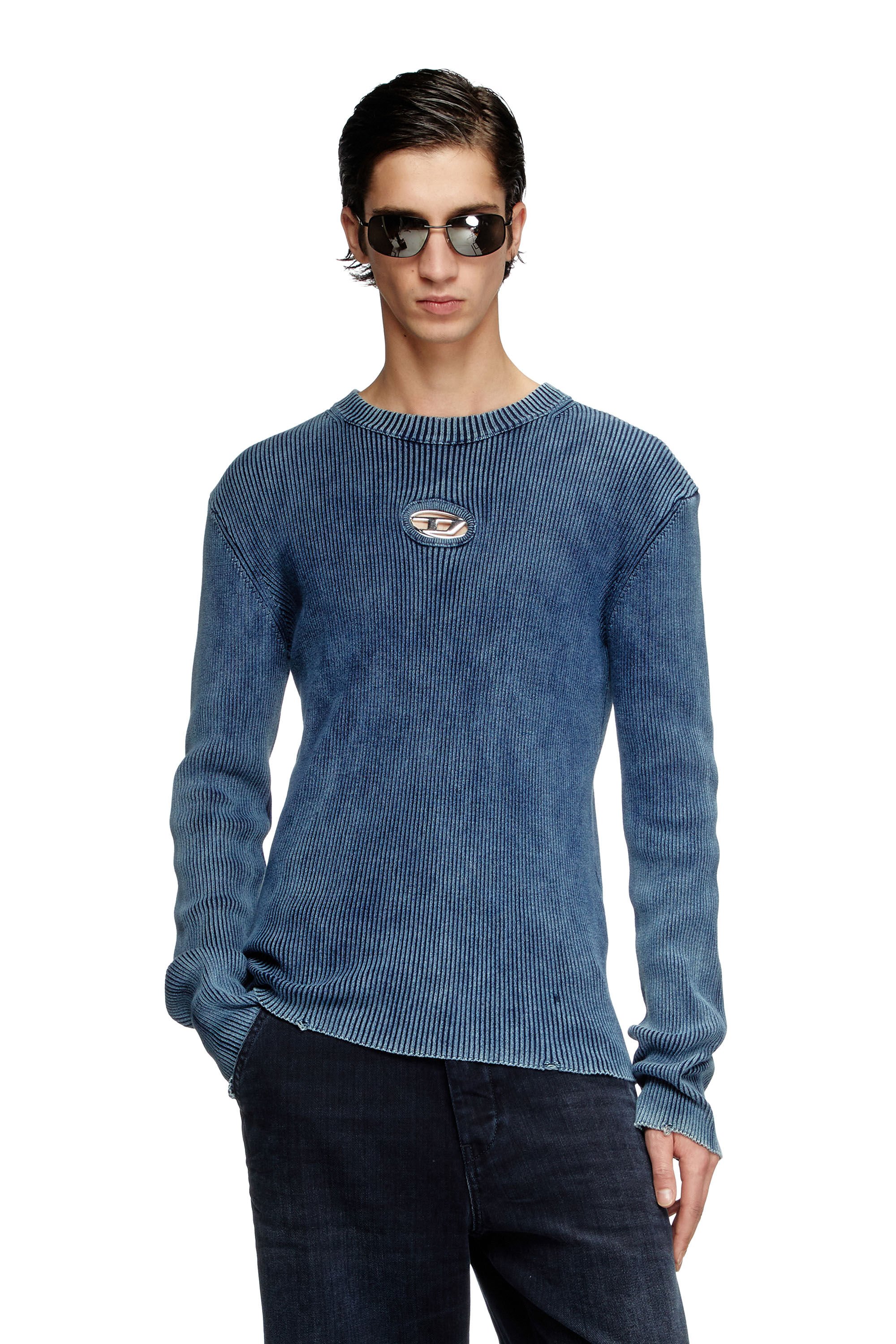 Diesel - K-DARIN-D, Man's Distressed jumper with cut-out logo in Blue - 3