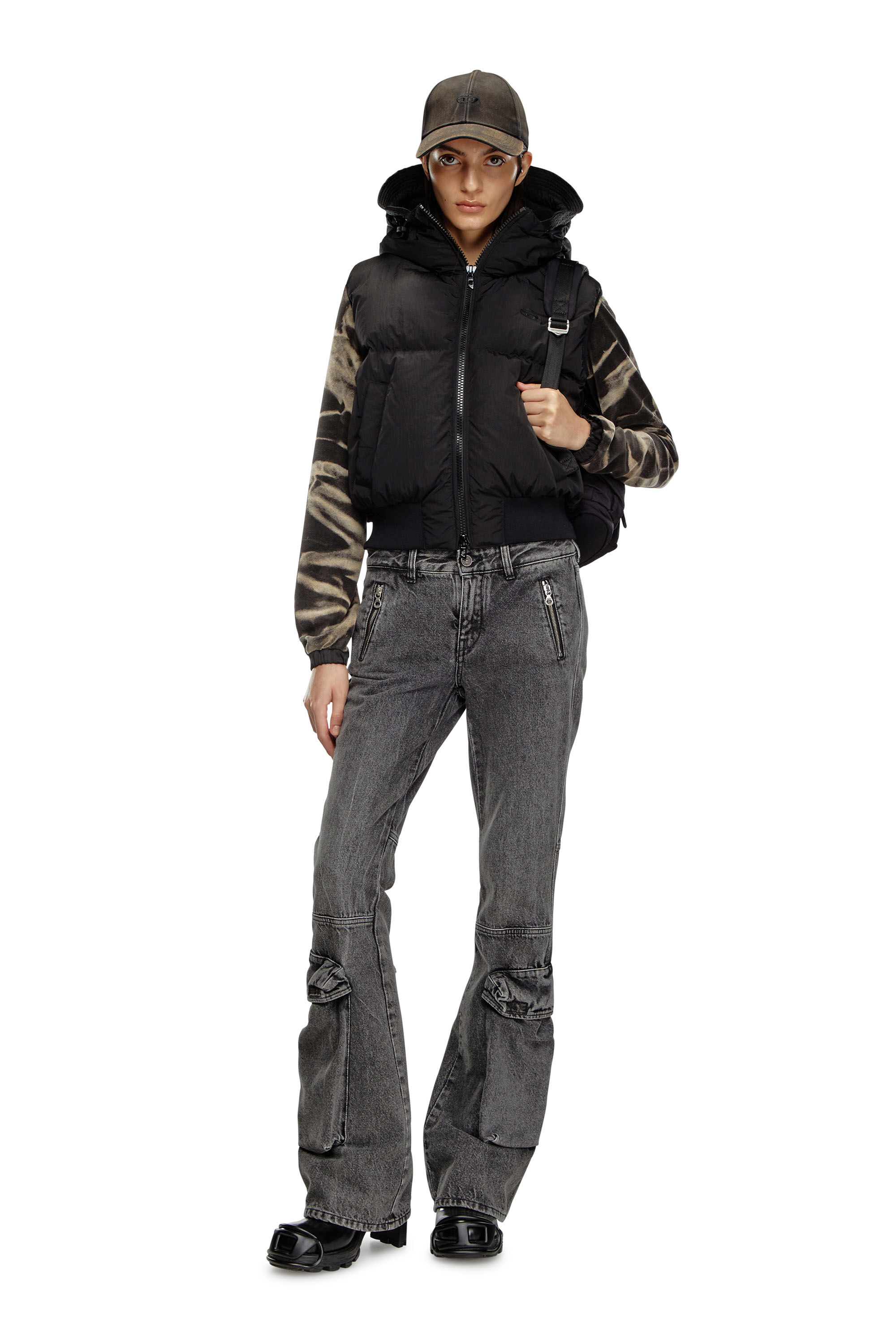 Diesel - W-PEYT-SSL-NEW-P1, Woman's Hooded down vest in crinkled nylon in Black - 1