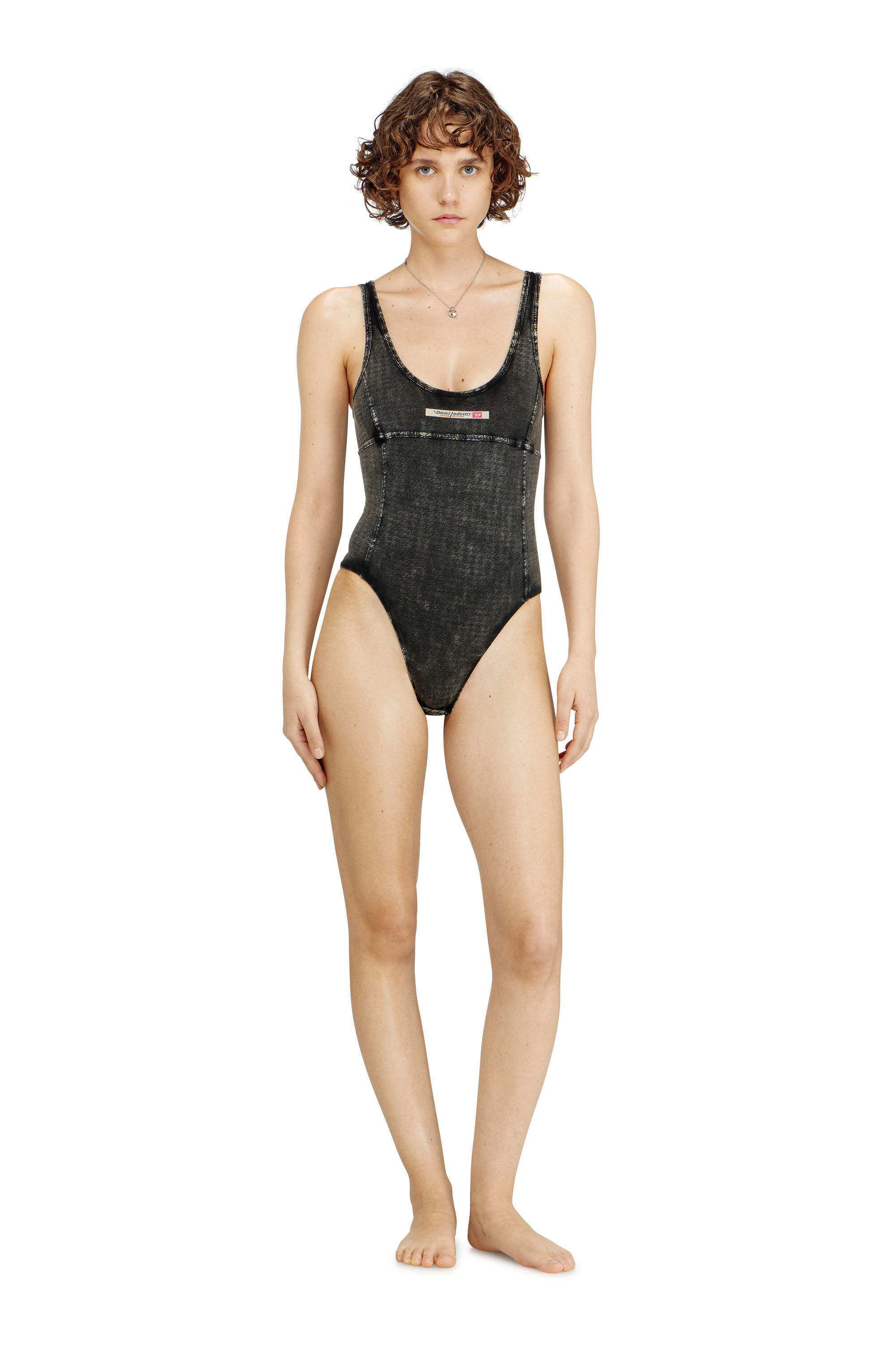 Diesel - PHOEBE-DNM, Woman's Cotton bodysuit with houndstooth print in Dark grey - 1