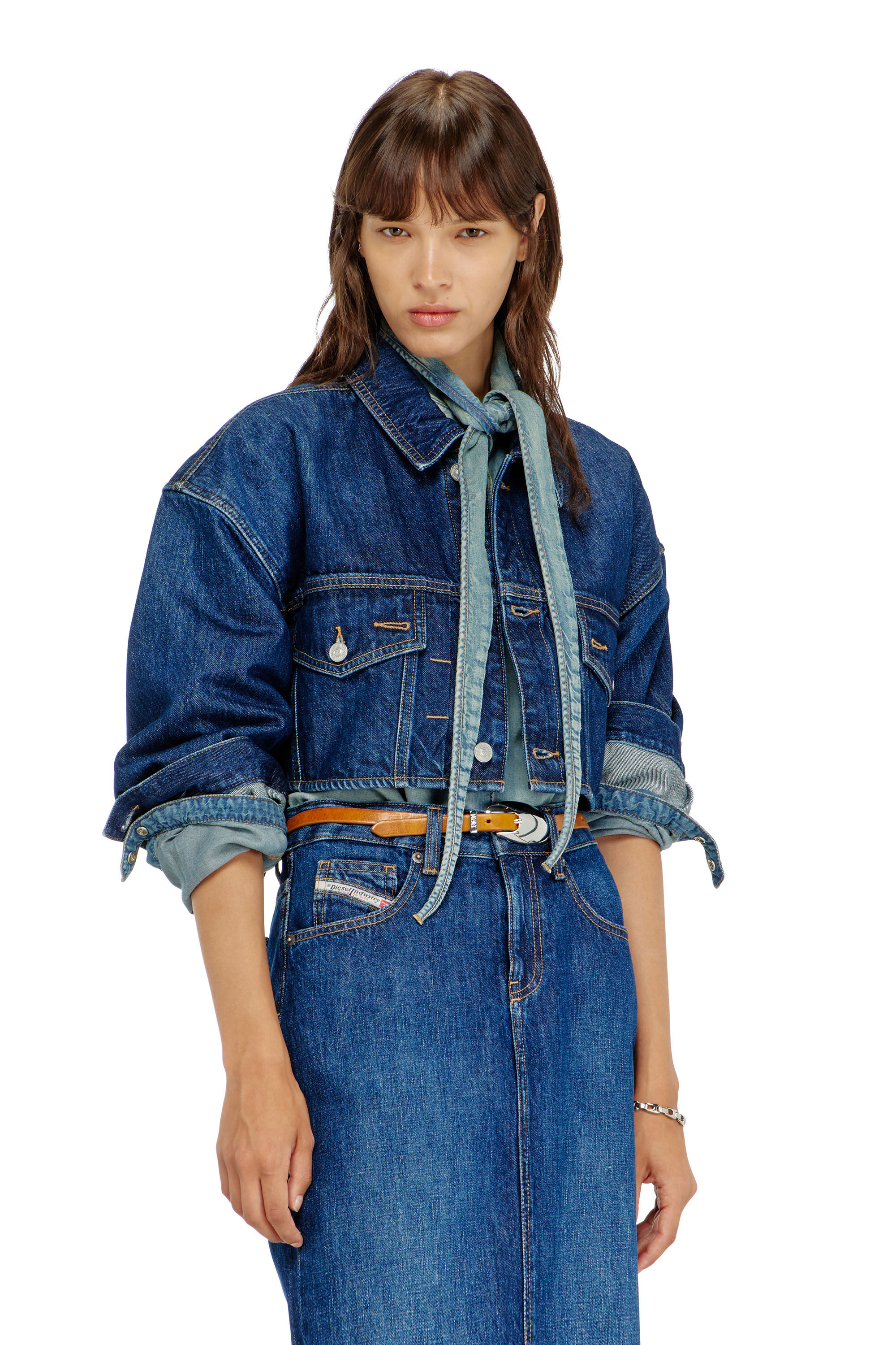 Diesel - DE-MALLEY, Woman's Cropped oversized denim trucker jacket in Medium blue - 3