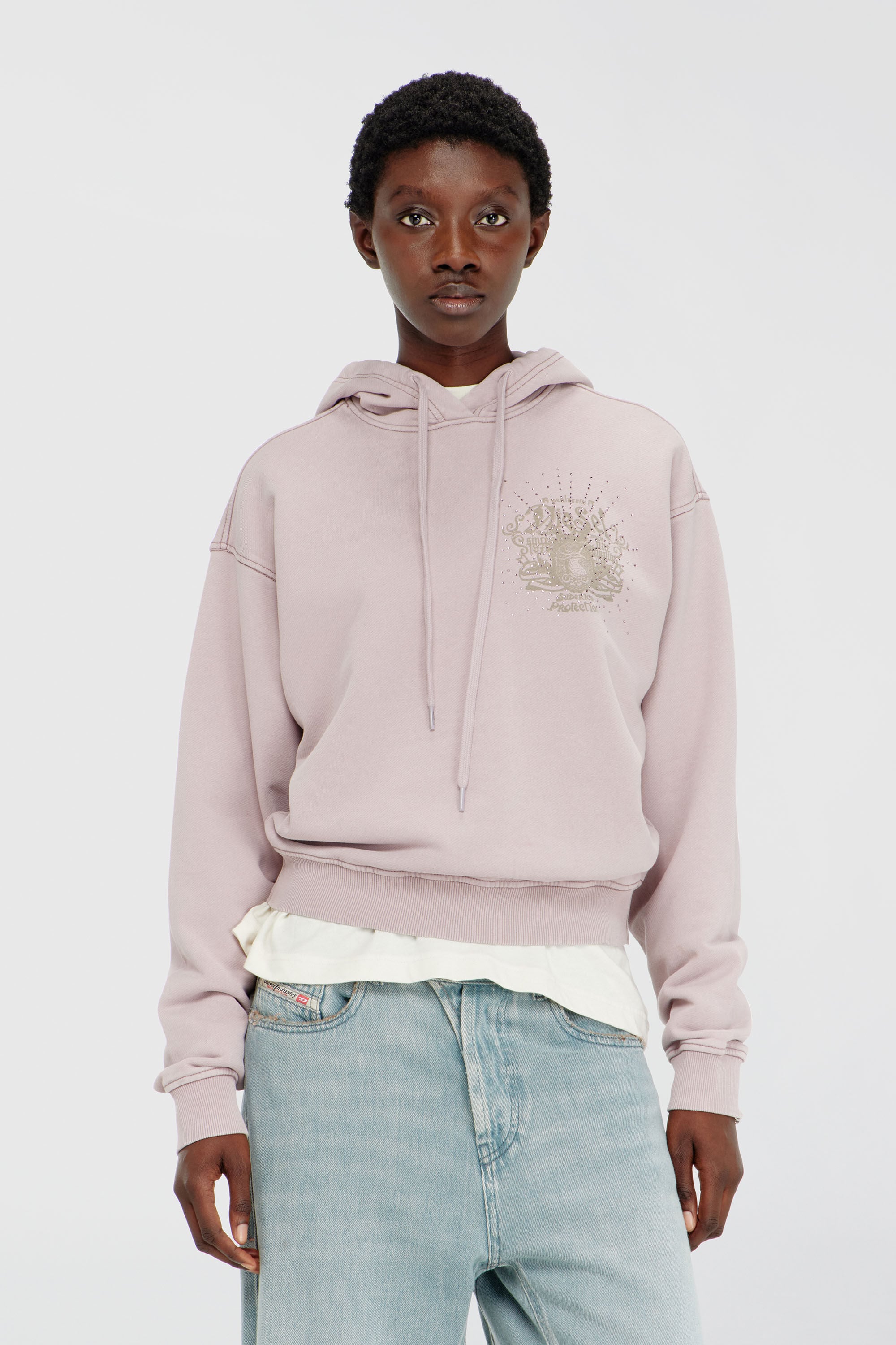 Diesel - F-PHOENY, Woman's Hoodie with prints and rhinestone studs in Lilac - 3