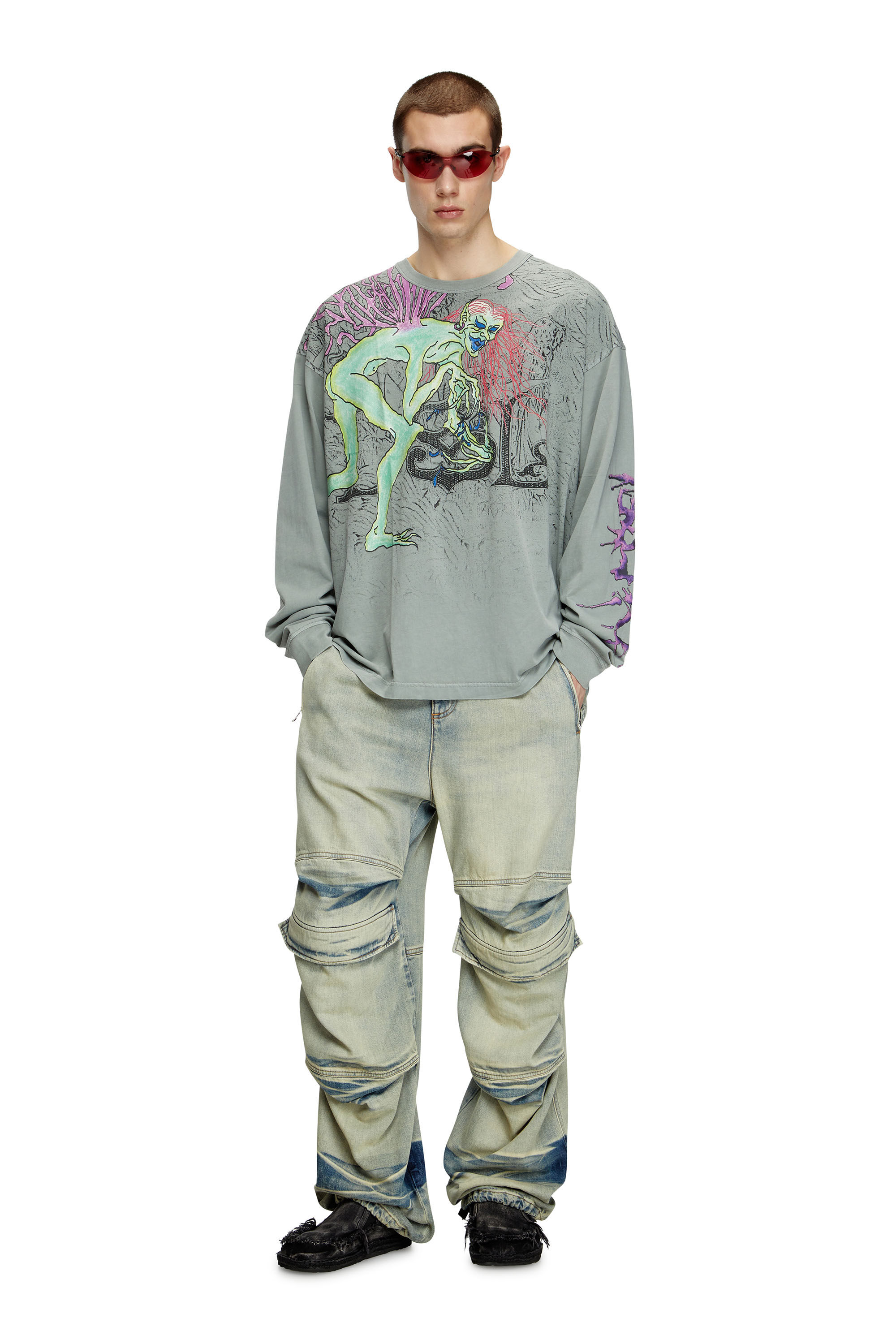 Diesel - T-BOXT-LS-R12, Man's Long-sleeve T-shirt with tattoo graphics in Grey - 1