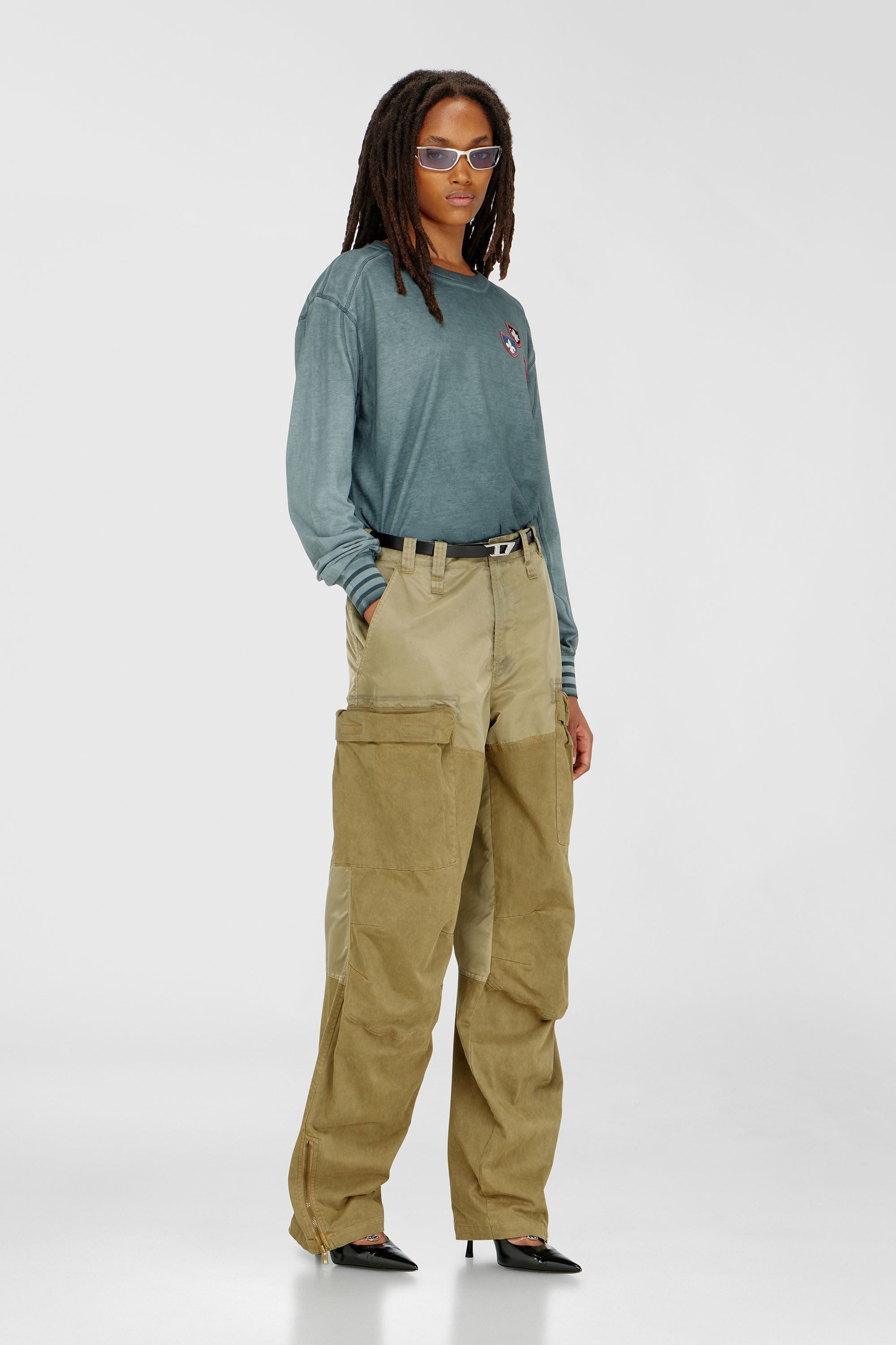 Diesel - T-BAWYE-LS, Woman's T-shirt with patches and microwaffle inserts in Dark Green - 1