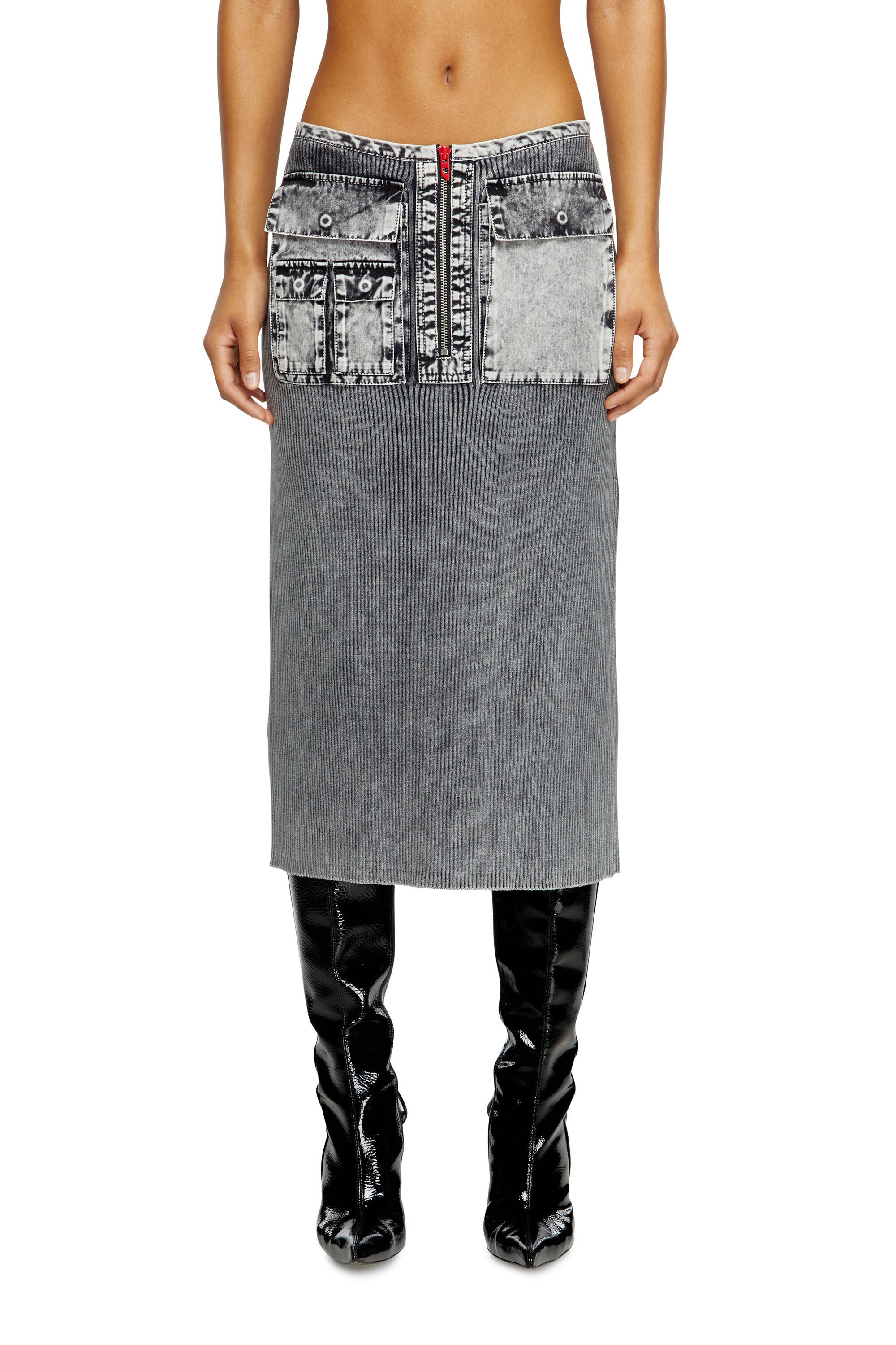 Diesel - M-MERYN, Woman's Knit midi skirt with denim cargo pockets in Dark grey - 3