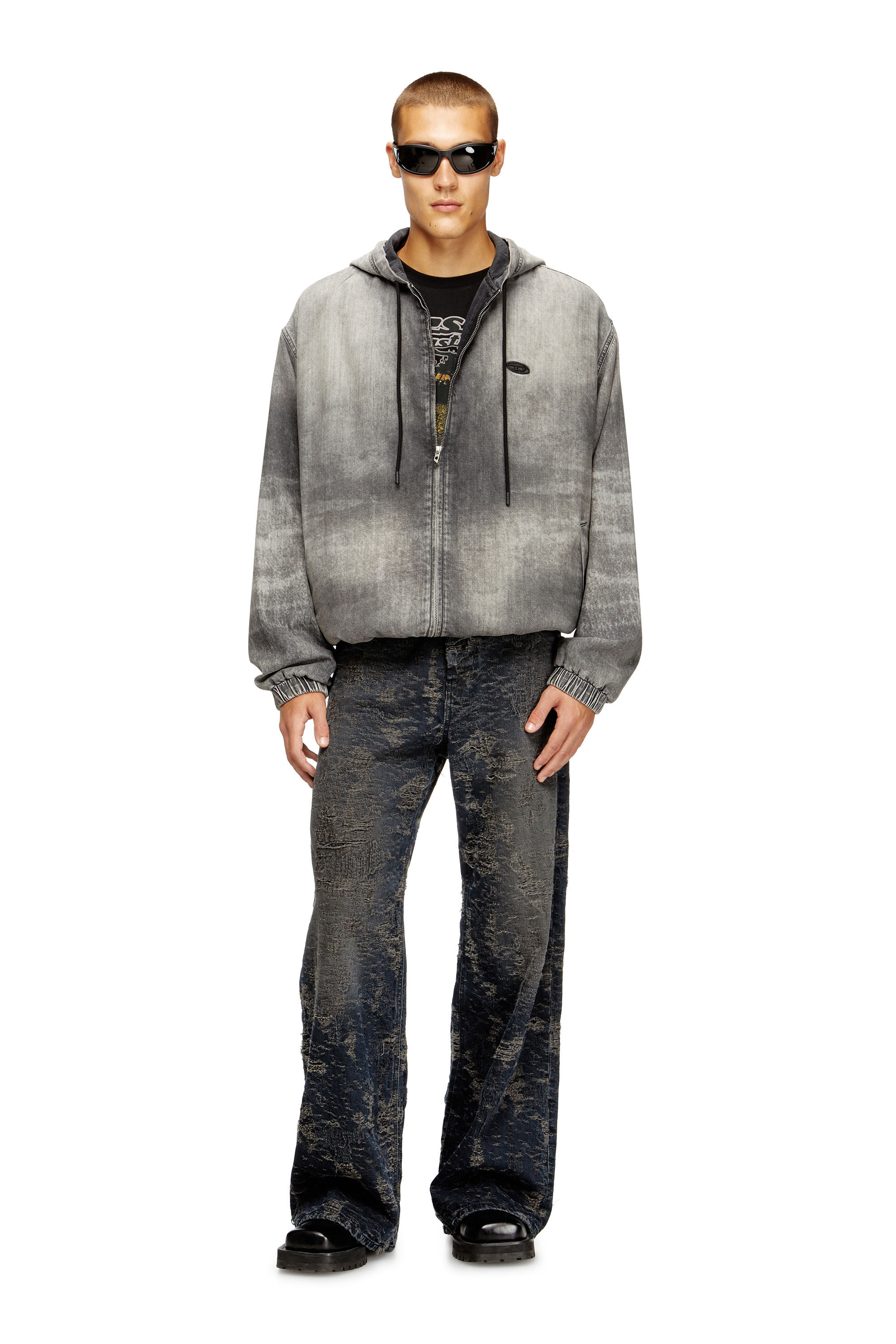 Diesel - D-OFFY-S, Unisex's Hooded jacket in marbled coated denim in Black/Dark grey - 1