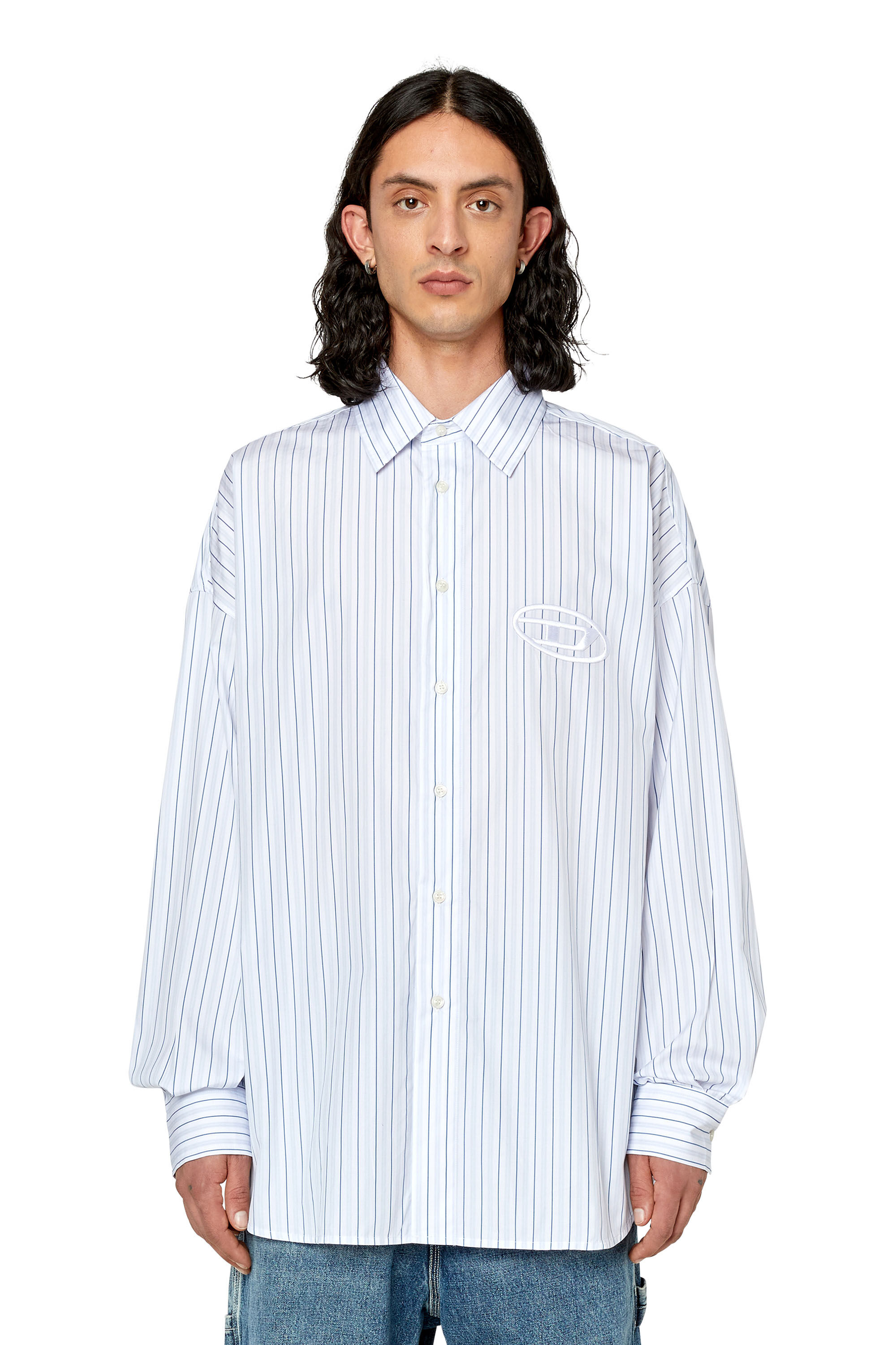 Diesel - S-DOUBLY-STRIPE, Man's Fine cotton shirt with striped pattern in Blue/White - 3