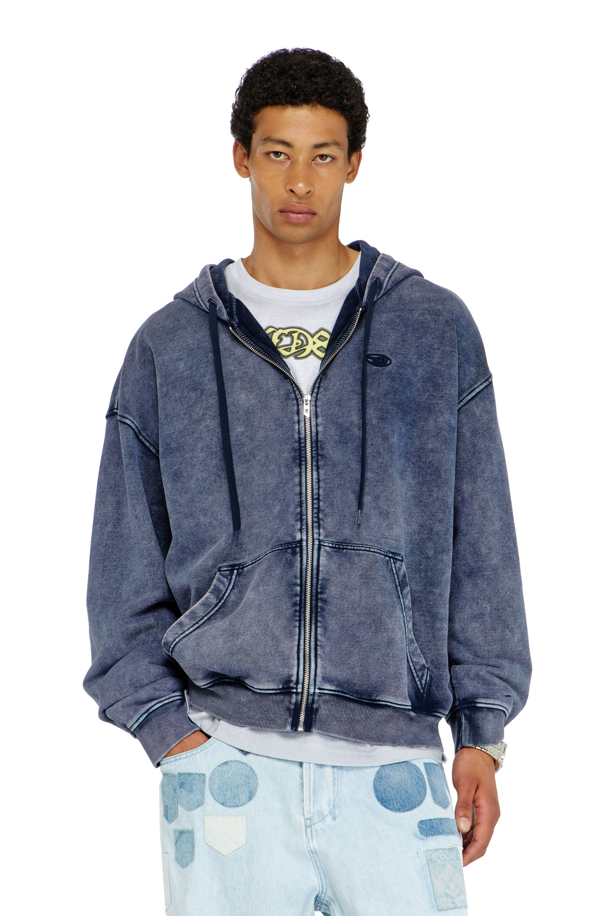 Diesel - S-BOXT-HOOD-ZIP-DEN, Man's Zip-up hoodie in treated cotton fleece in Blue - 3