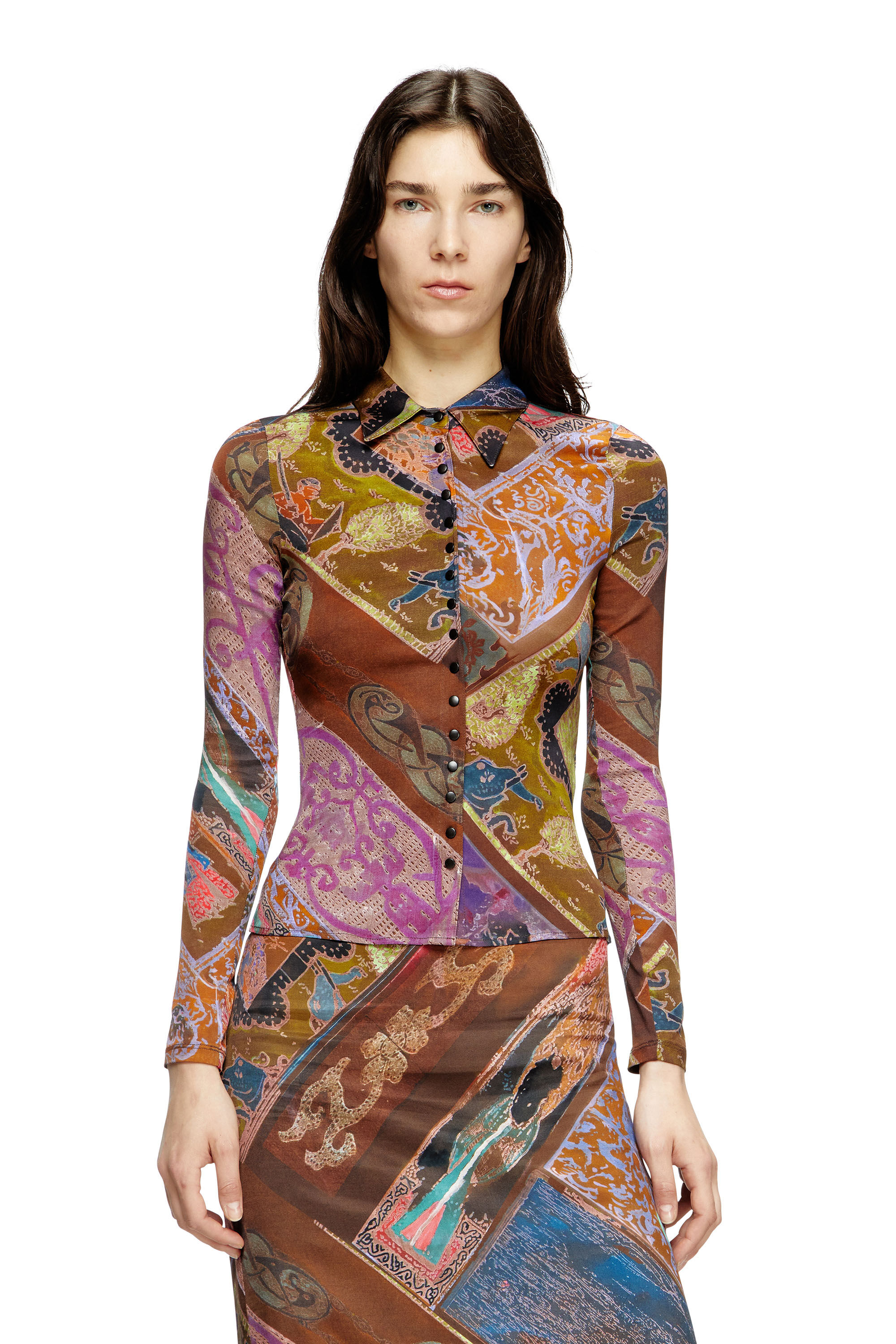 Diesel - C-AMELIA, Woman's Stretch-viscose shirt with Heraldic print in Brown - 3