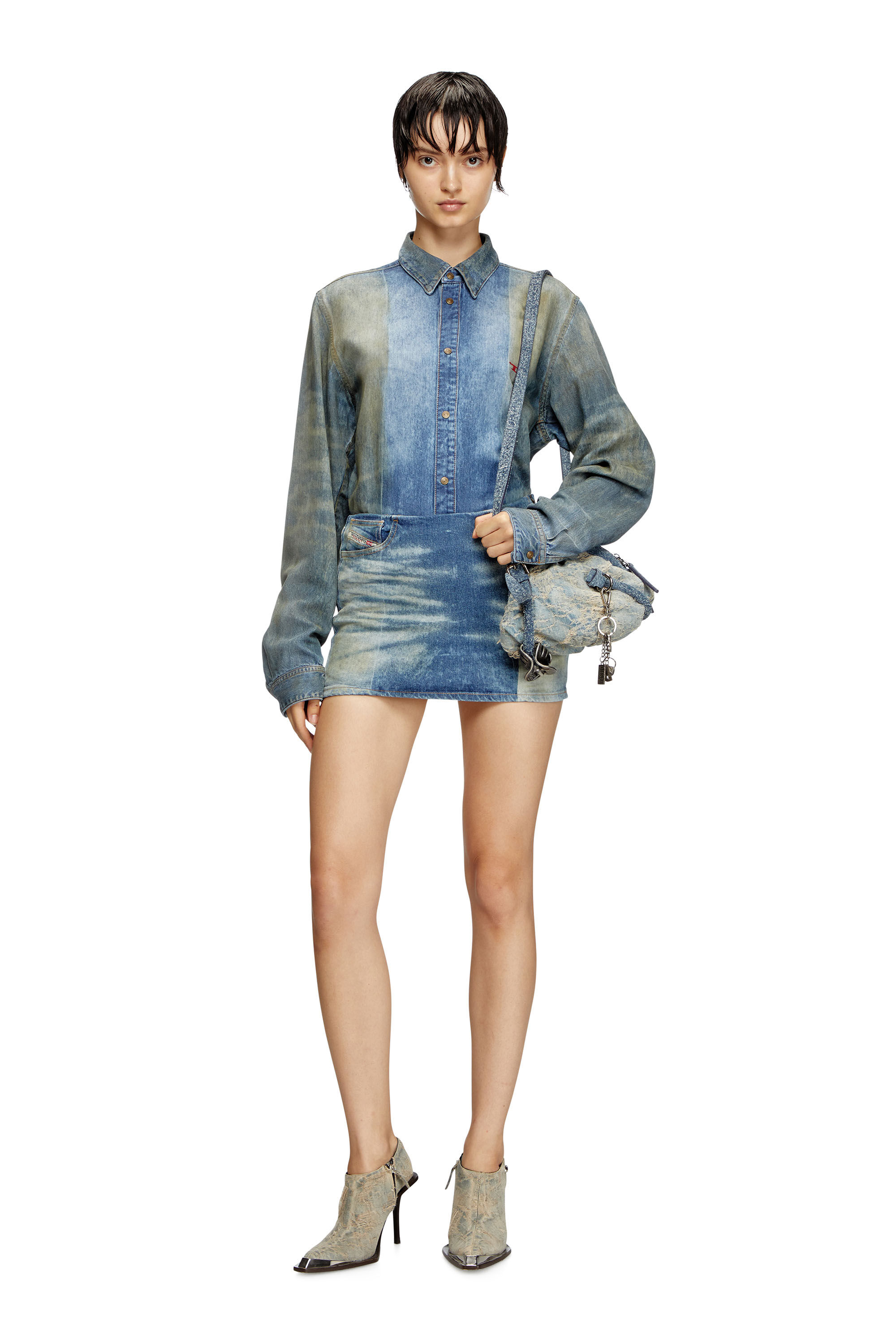 Diesel - DE-PRA-MINI-FSF, Woman's Denim miniskirt with solarised folds in Medium blue - 1