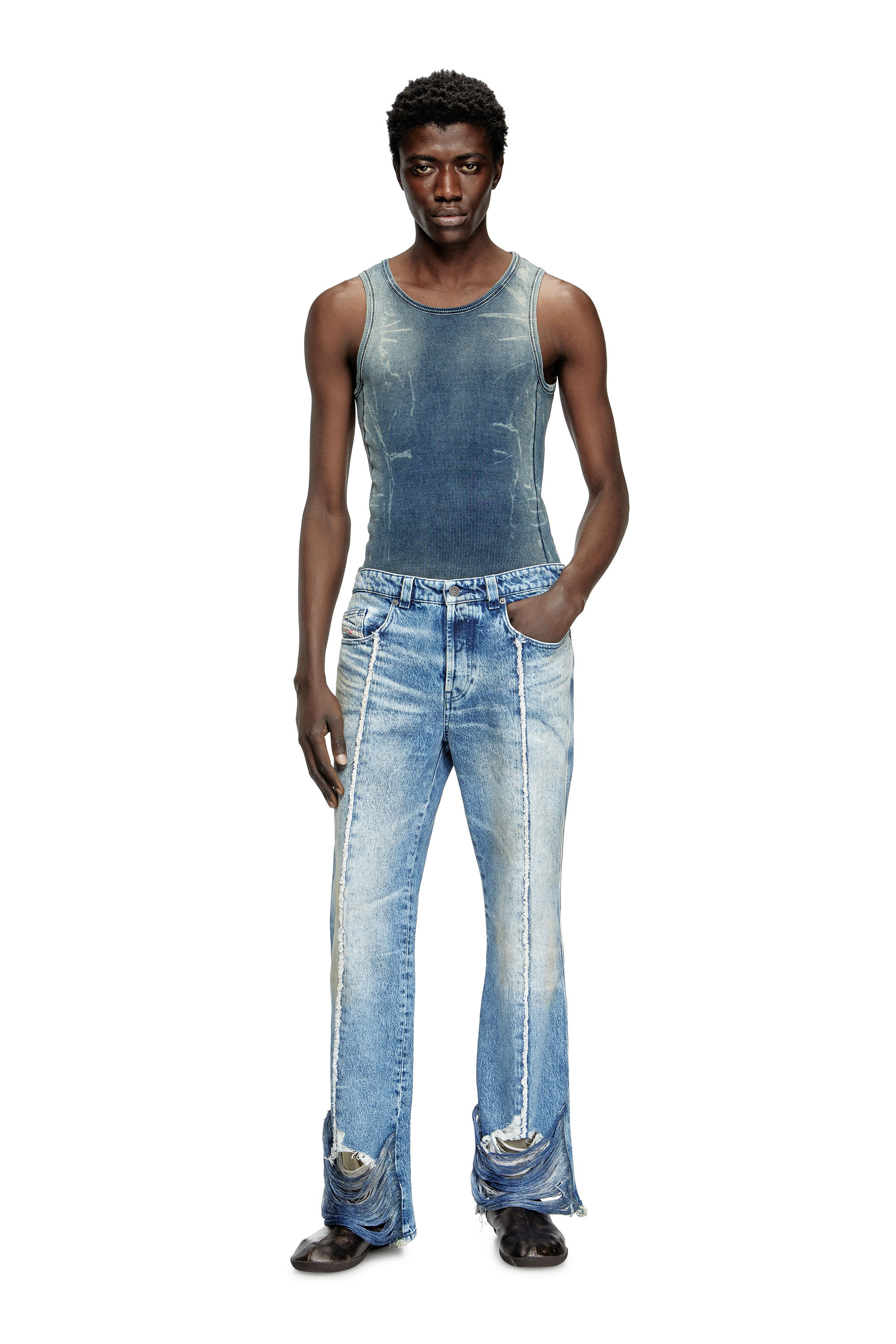 Diesel - T-GO, Unisex's Ribbed tank top with denim trompe l'oeil in Dark Blue - 1