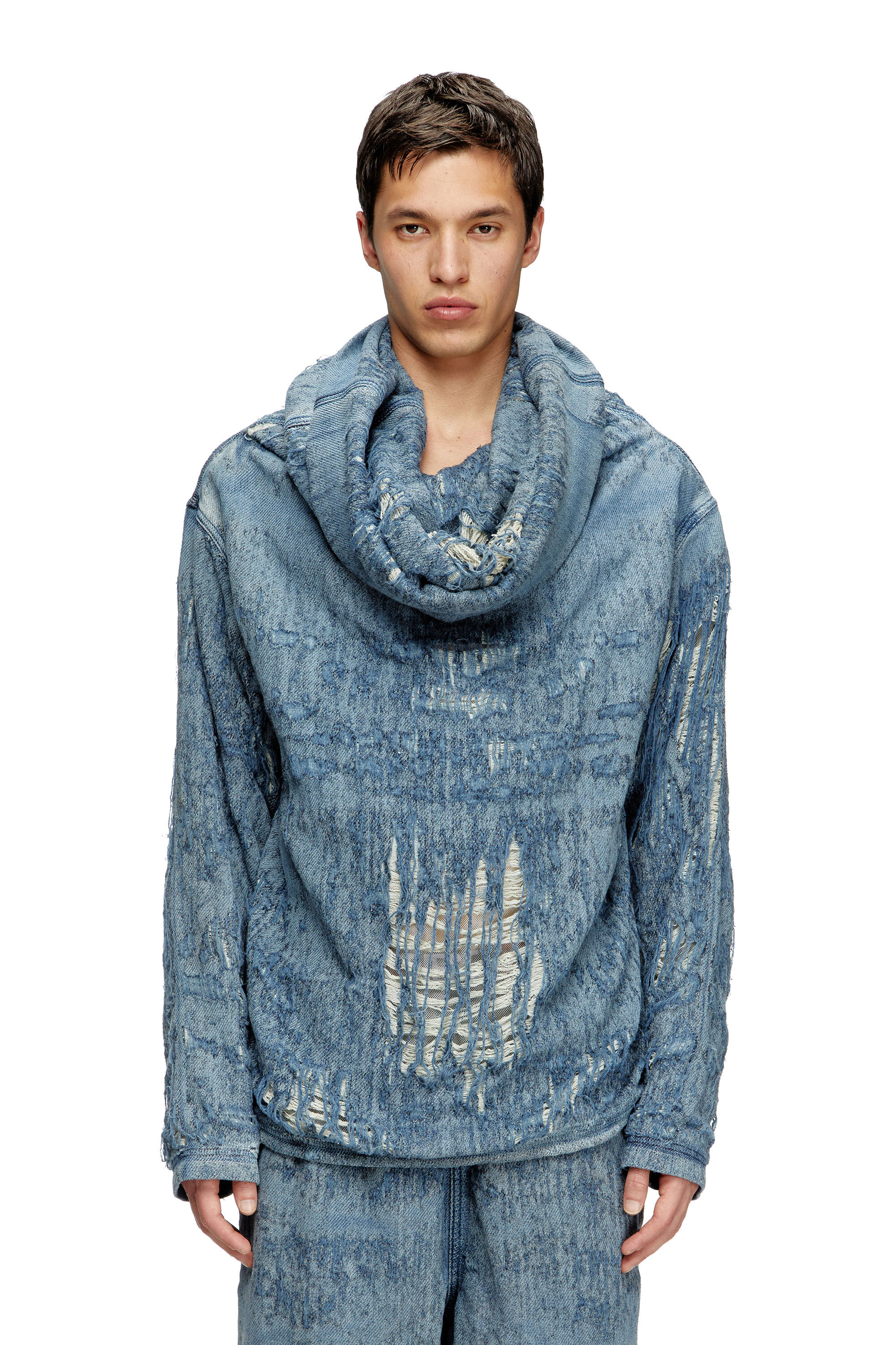 パーカー・フーディ DIESEL SS25 Stretch denim sweatshirt (A18935068RQ 01) Men's Sweater in ultra-destroyed jacquard denim | Blue | Diesel