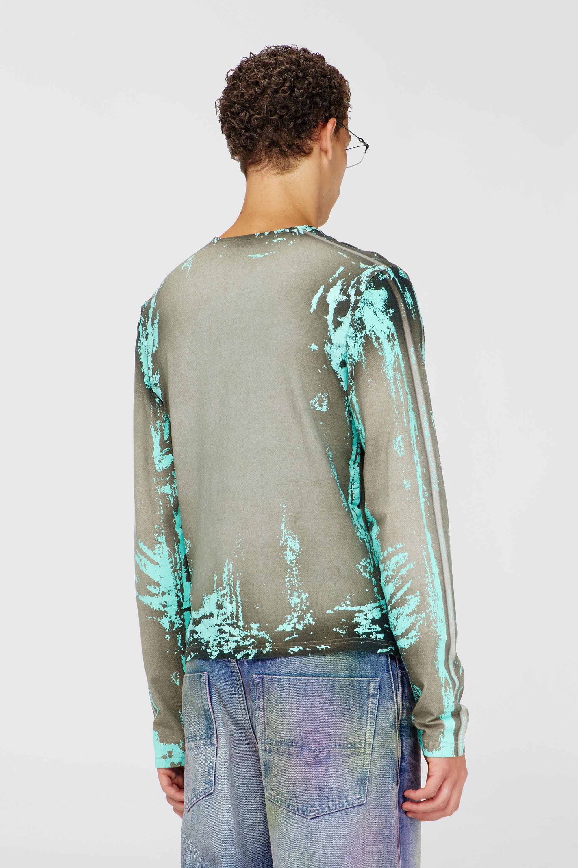 Diesel - T-FYNO-ML, Man's Grandad T-shirt in cracked leather-effect jersey in Grey/Blue - 4