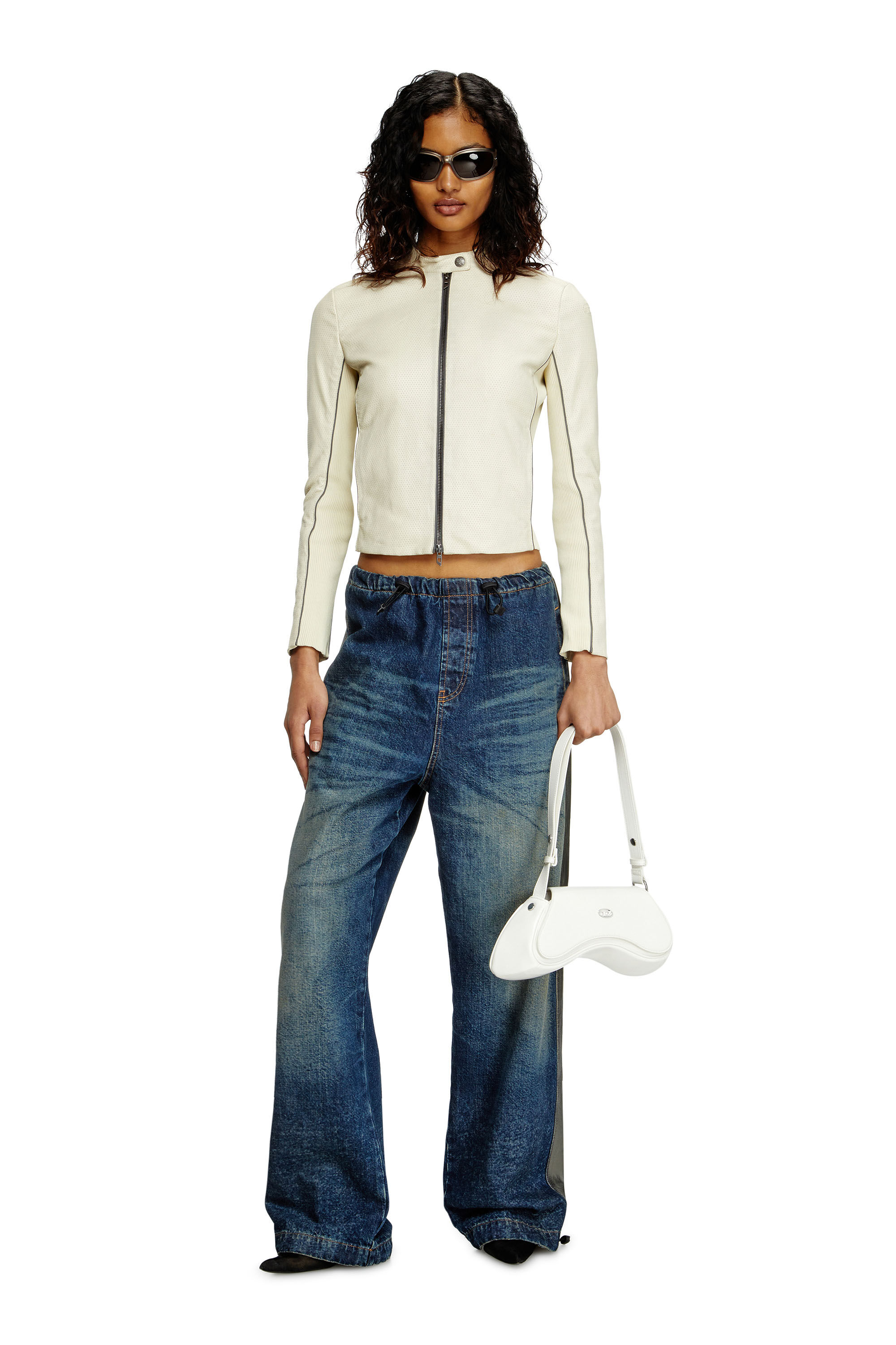 Diesel - L-IBRA, Woman's Biker jacket in perforated stretch leather in White - 1