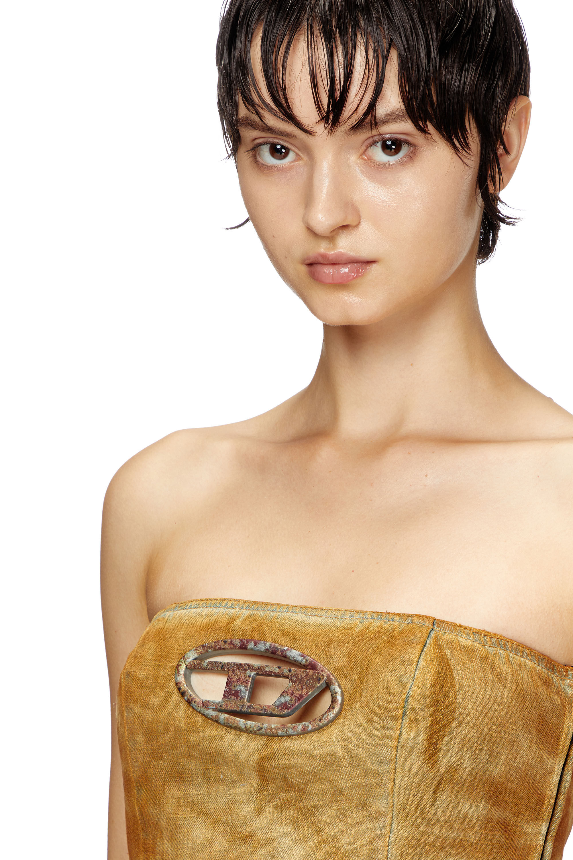 Diesel - DE-VILLESS-FSF, Woman's Denim tube top with rust-effect logo in Light Brown - 5