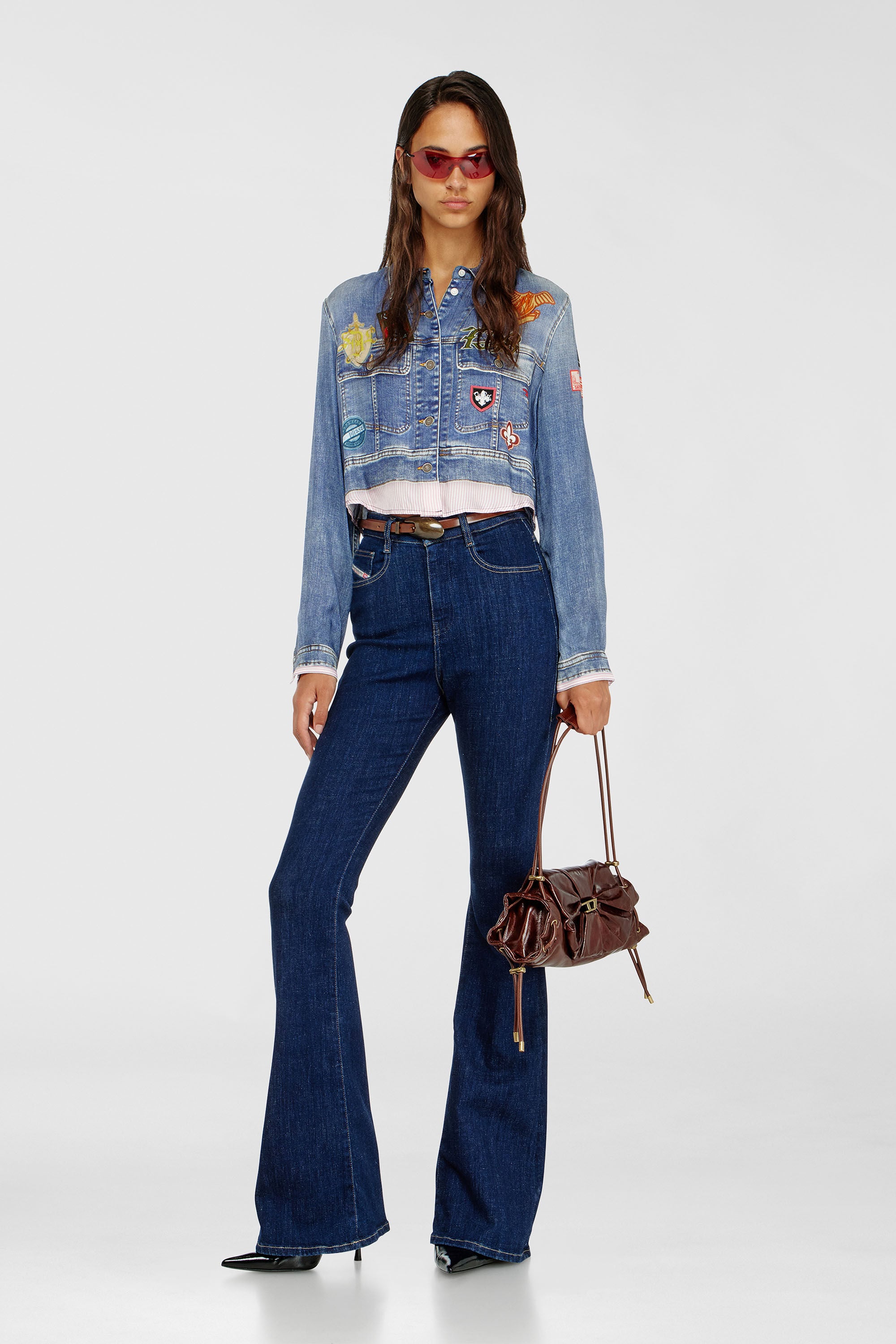 Diesel - C-LONE, Woman's Cropped satin shirt with trompe-l&rsquo;oeil denim print in Medium blue - 1