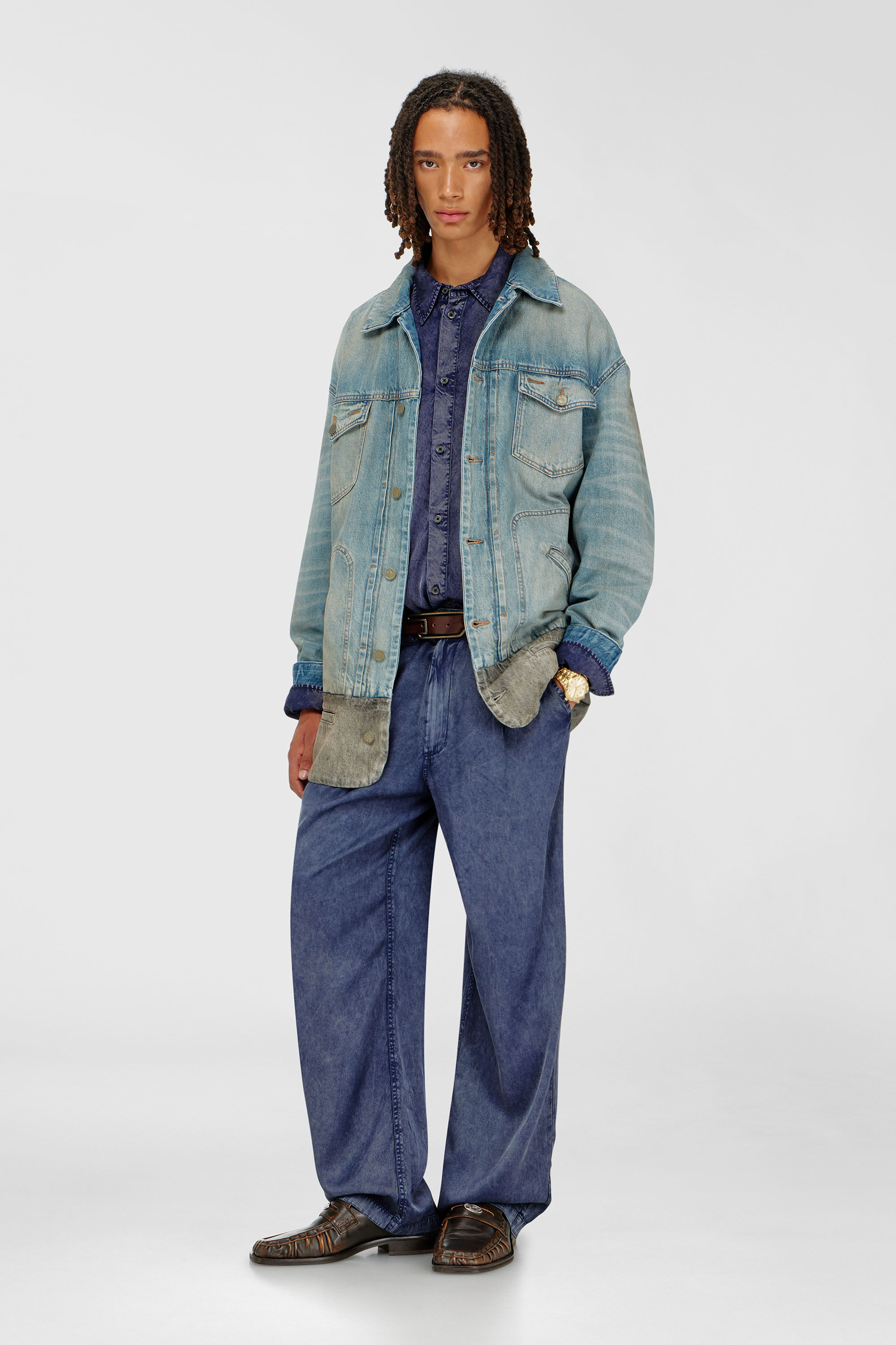 Diesel - P-FAUST-NIBC, Man's Wide-leg pants in denim-effect viscose in Blue - 1