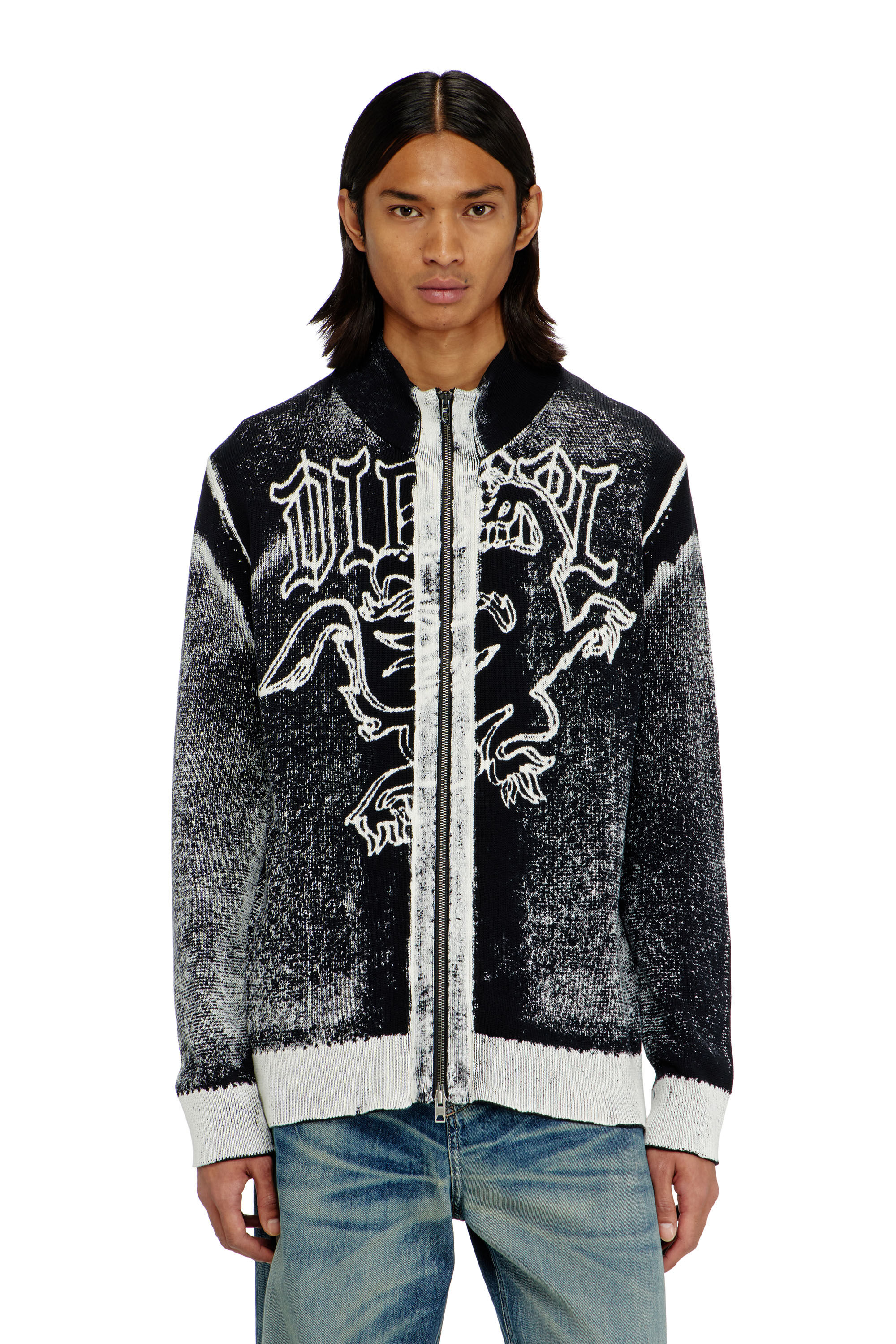 Diesel - K-LAUROS, Man's Treated zip cardigan with griffin motif in Black/White - 3
