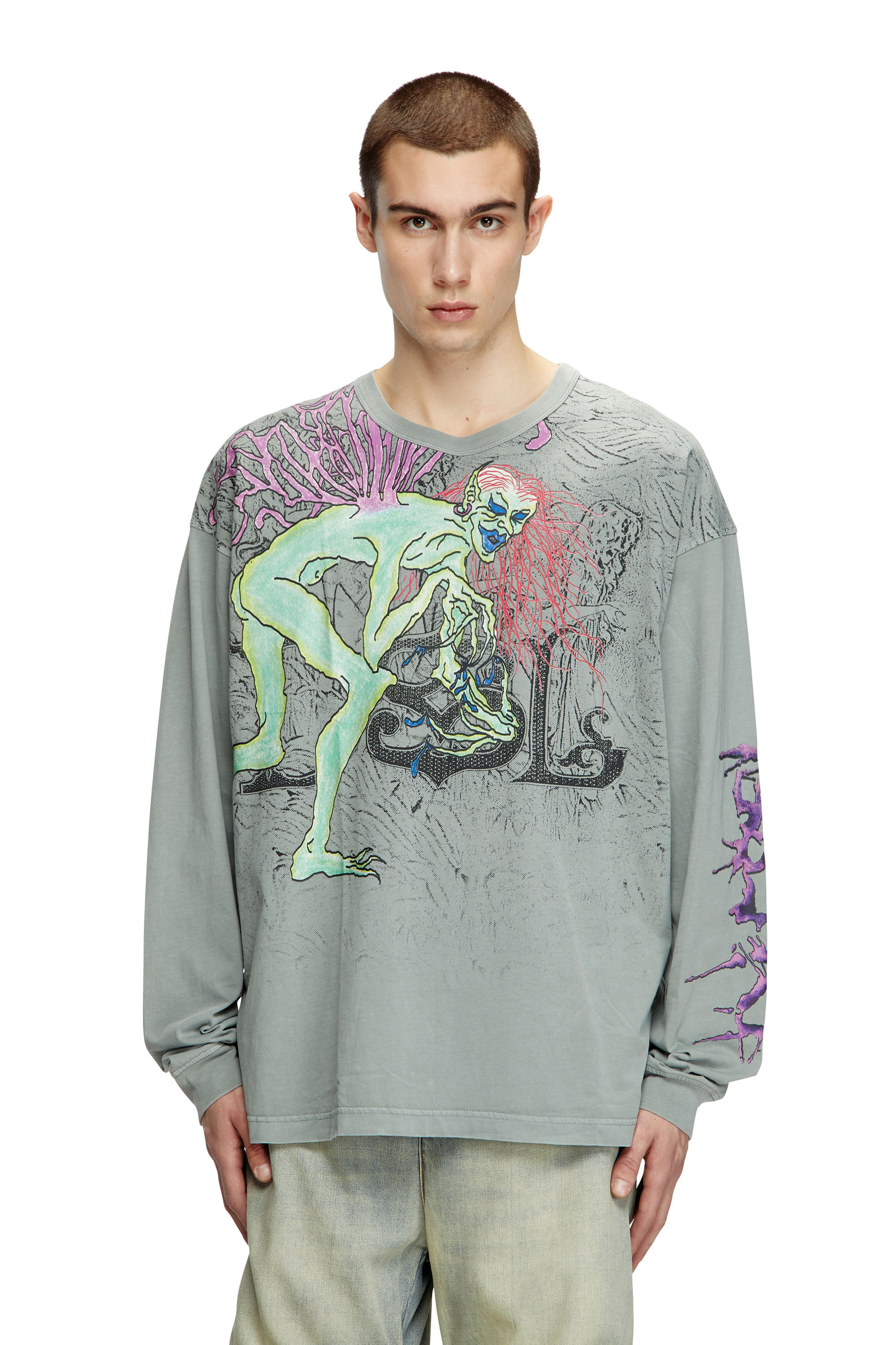 Diesel - T-BOXT-LS-R12, Man's Long-sleeve T-shirt with tattoo graphics in Grey - 3
