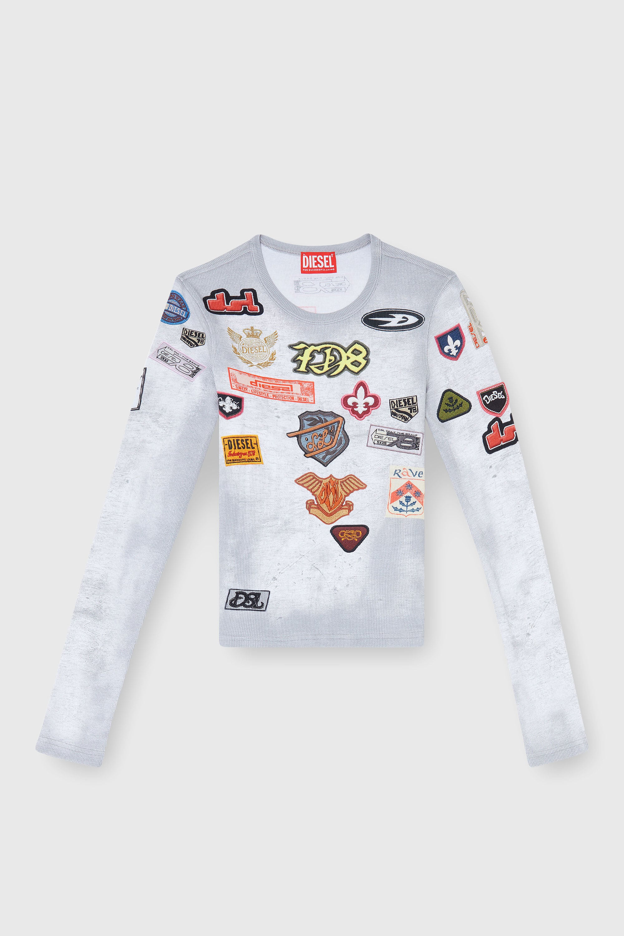 Diesel - T-ELE-LONGSLEEVE, Woman's Top in ribbed jersey with all-over patch print in White - 2