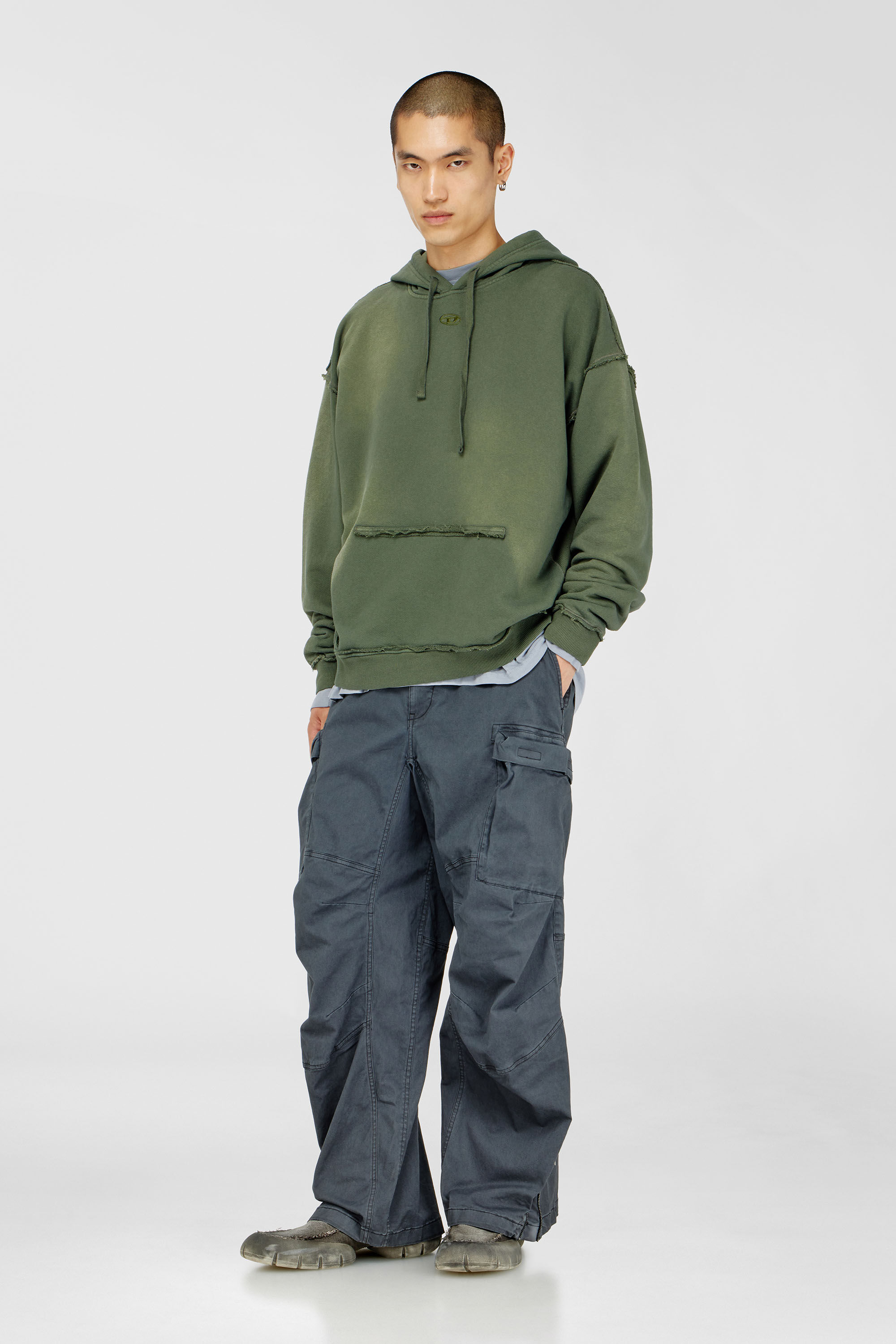 Diesel - S-POCK-HOOD, Man's Faded cotton hoodie with frayed details in Military Green - 1
