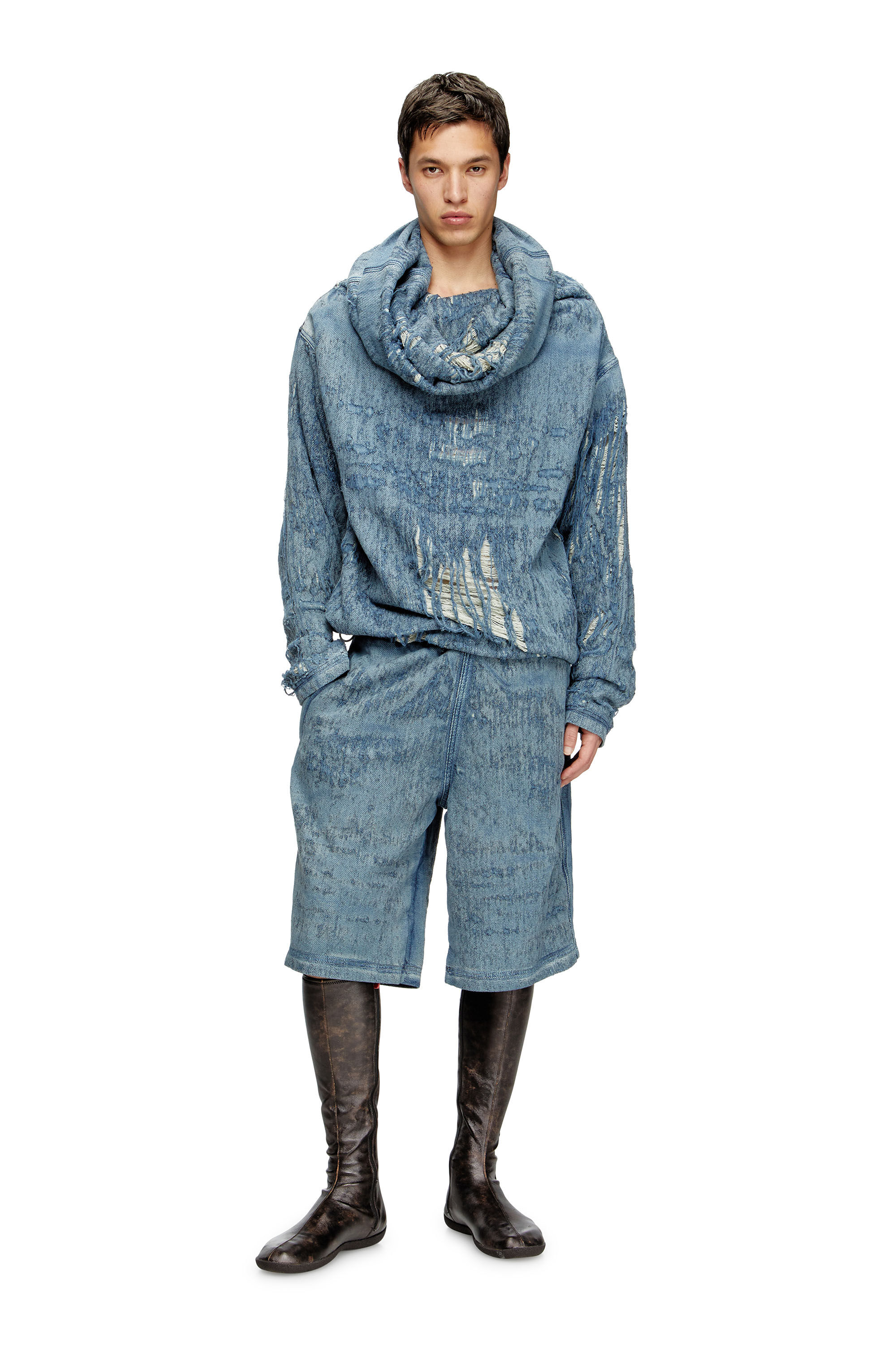 スウェット・トレーナー DIESEL SWEATSHIRTS (A18935068RQ 01) Men's Sweater in ultra-destroyed jacquard denim | Blue | Diesel
