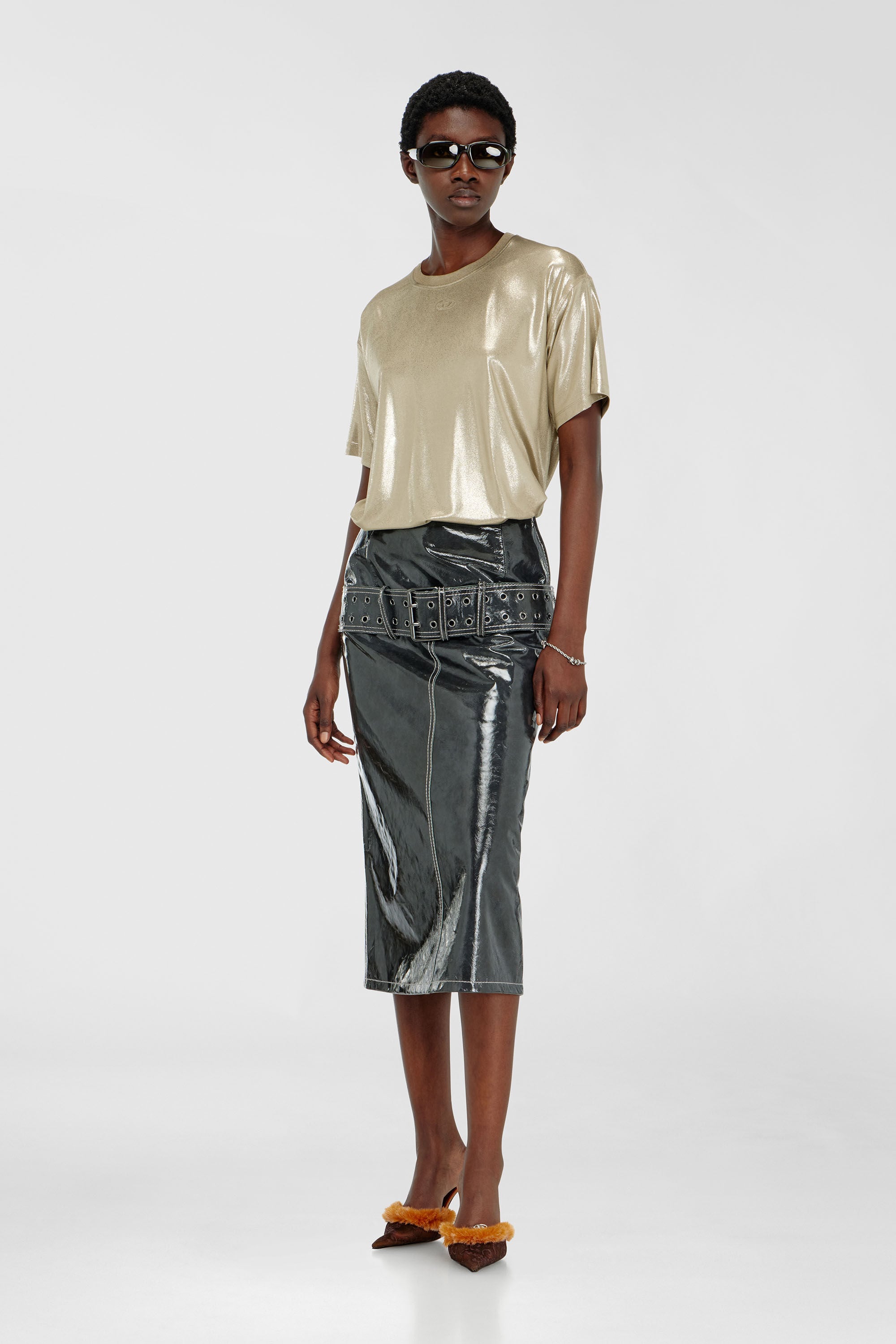 Diesel - T-NORMY-AA2, Woman's Jersey T-shirt with metallic finish in Gold - 1