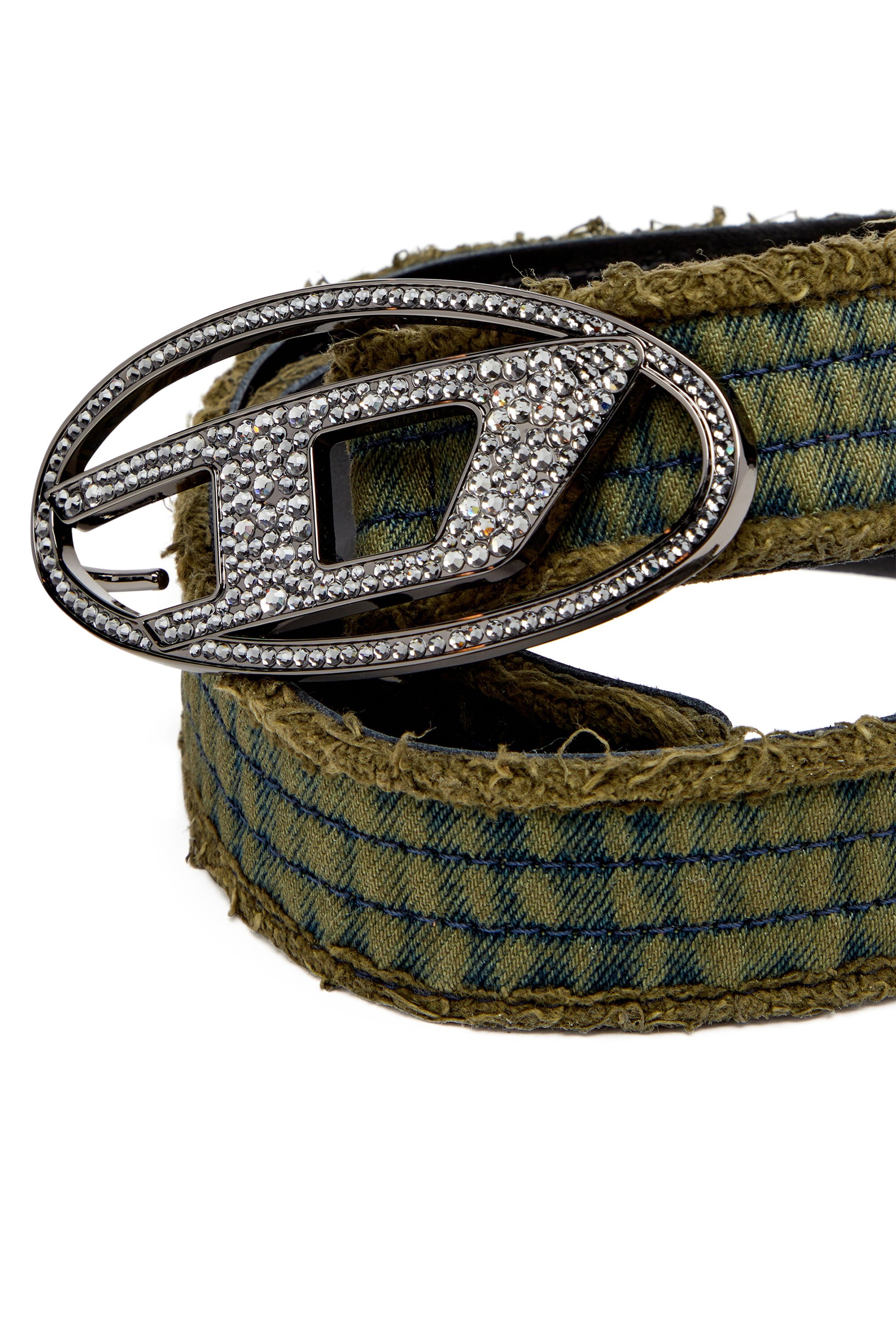 Diesel - B-1DR STRASS, Woman's Denim and leather belt with crystal buckle in Military Green - 3
