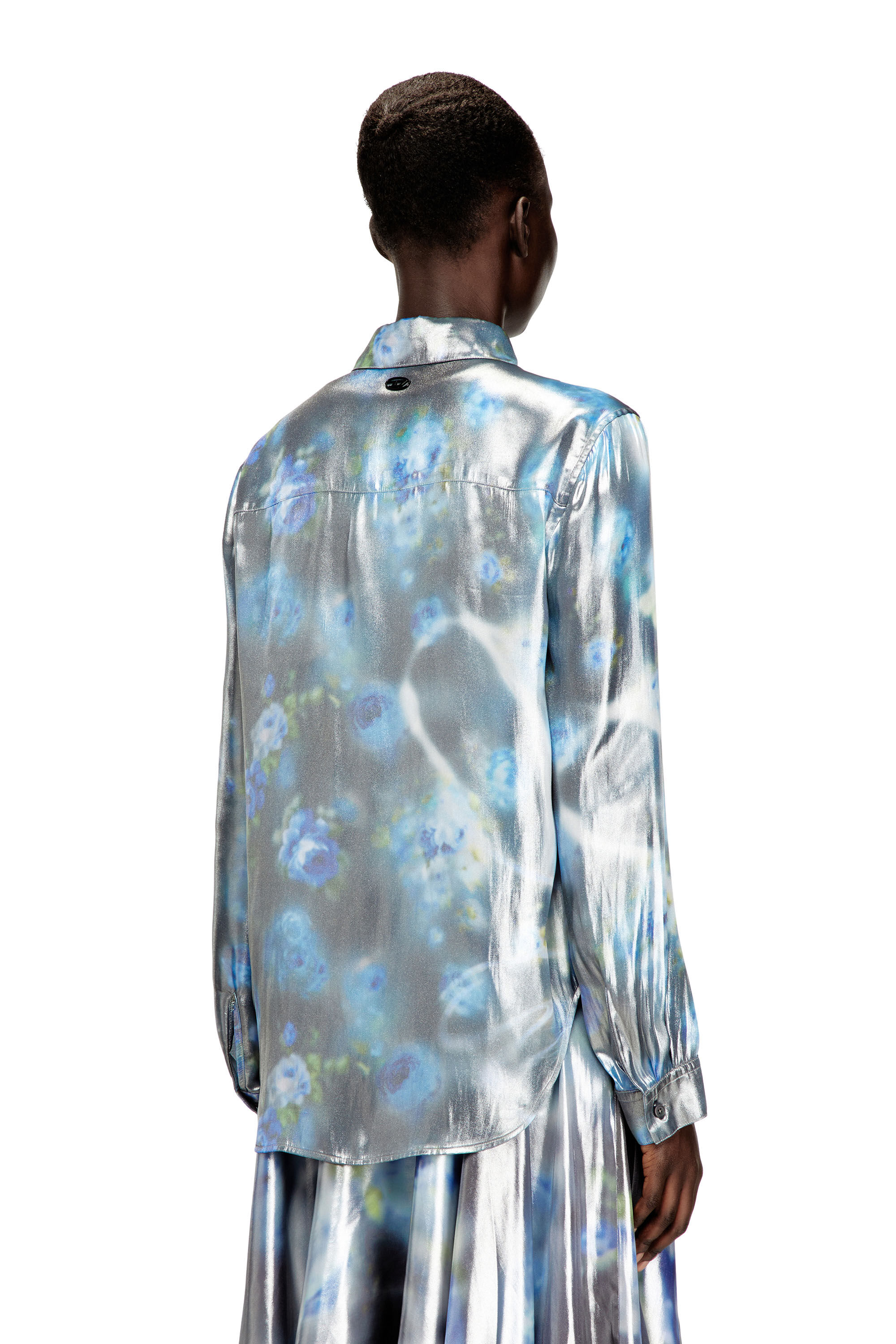 Diesel - C-RONOR-S2, Woman's Metallic shirt with blurred roses print in Blue - 4