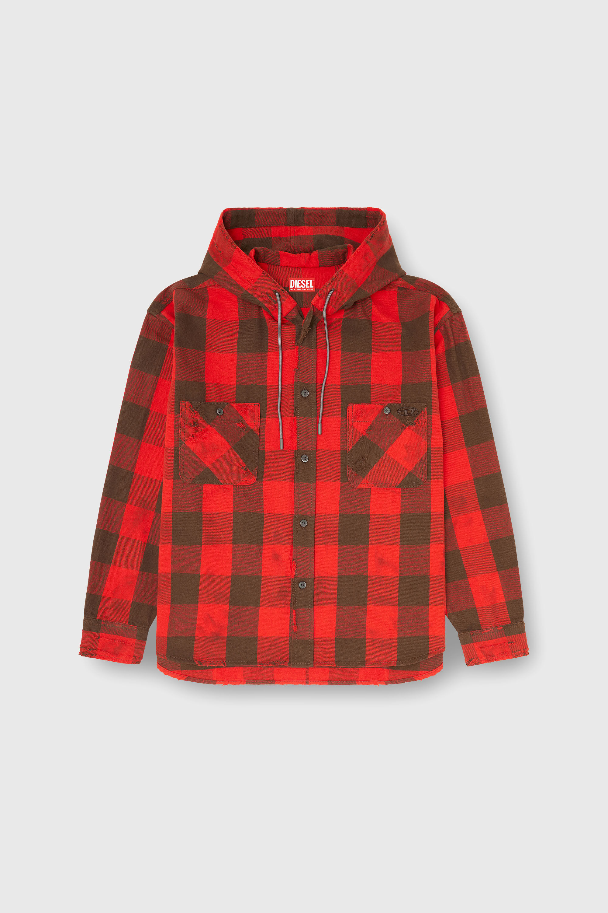 Diesel - S-DRUM-HOODY, Man's Distressed hooded shirt in check flannel in Brown/Red - 2