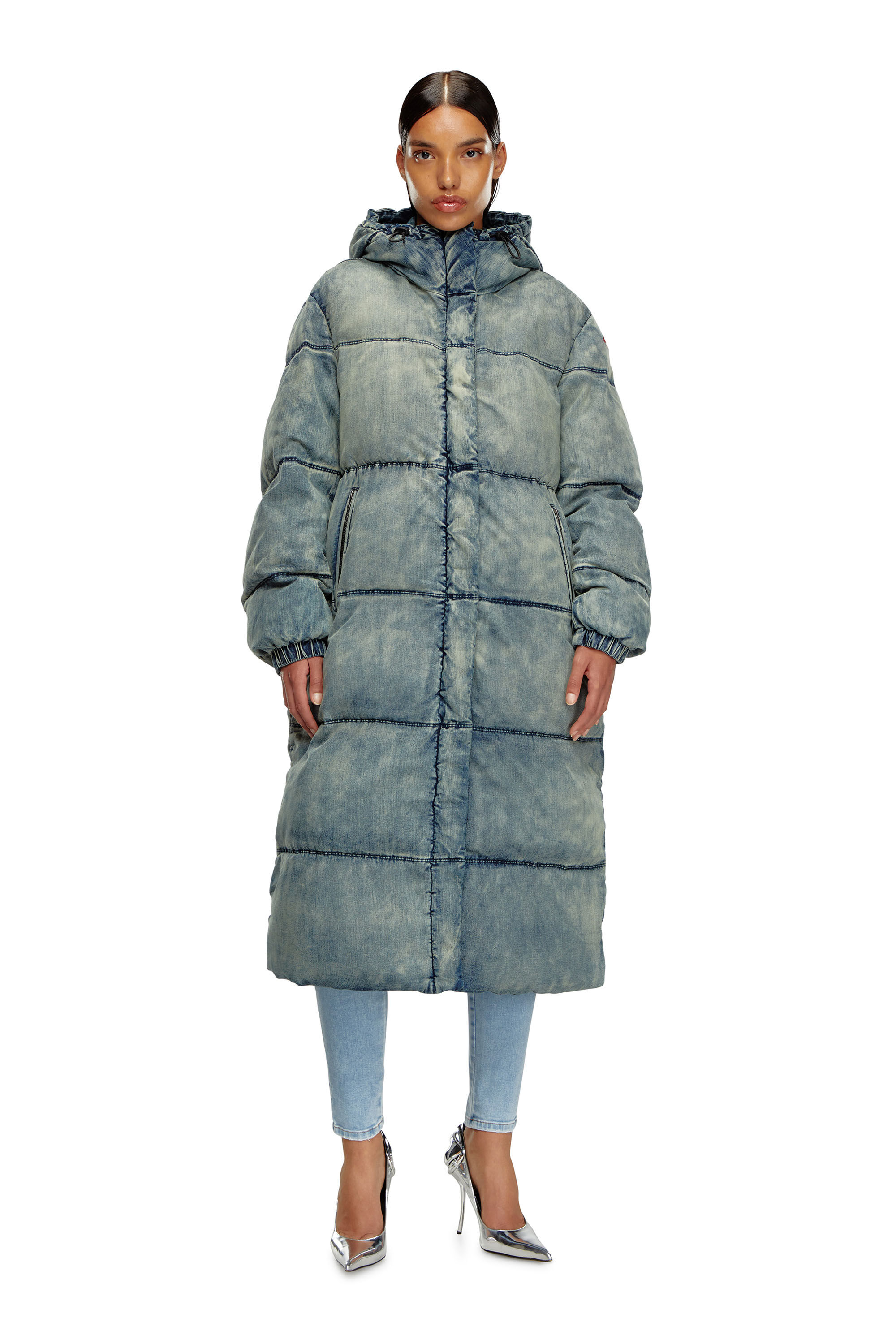 Diesel - W-AVES-LONG, Woman's Hooded puffer coat in stretch denim in Blue - 3