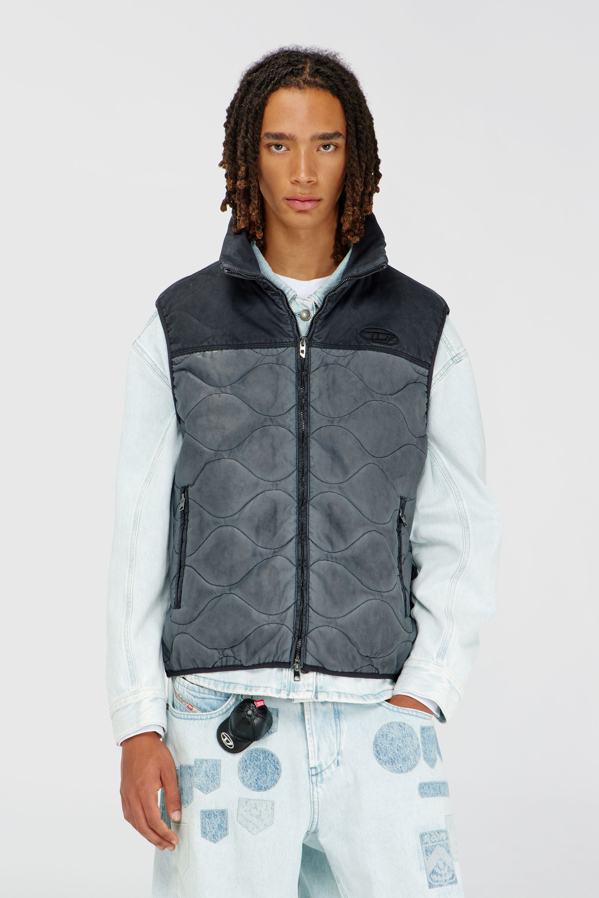 Diesel - J-ALVAR, Man's Quilted vest with fluffy neck lining in Dark grey - 3