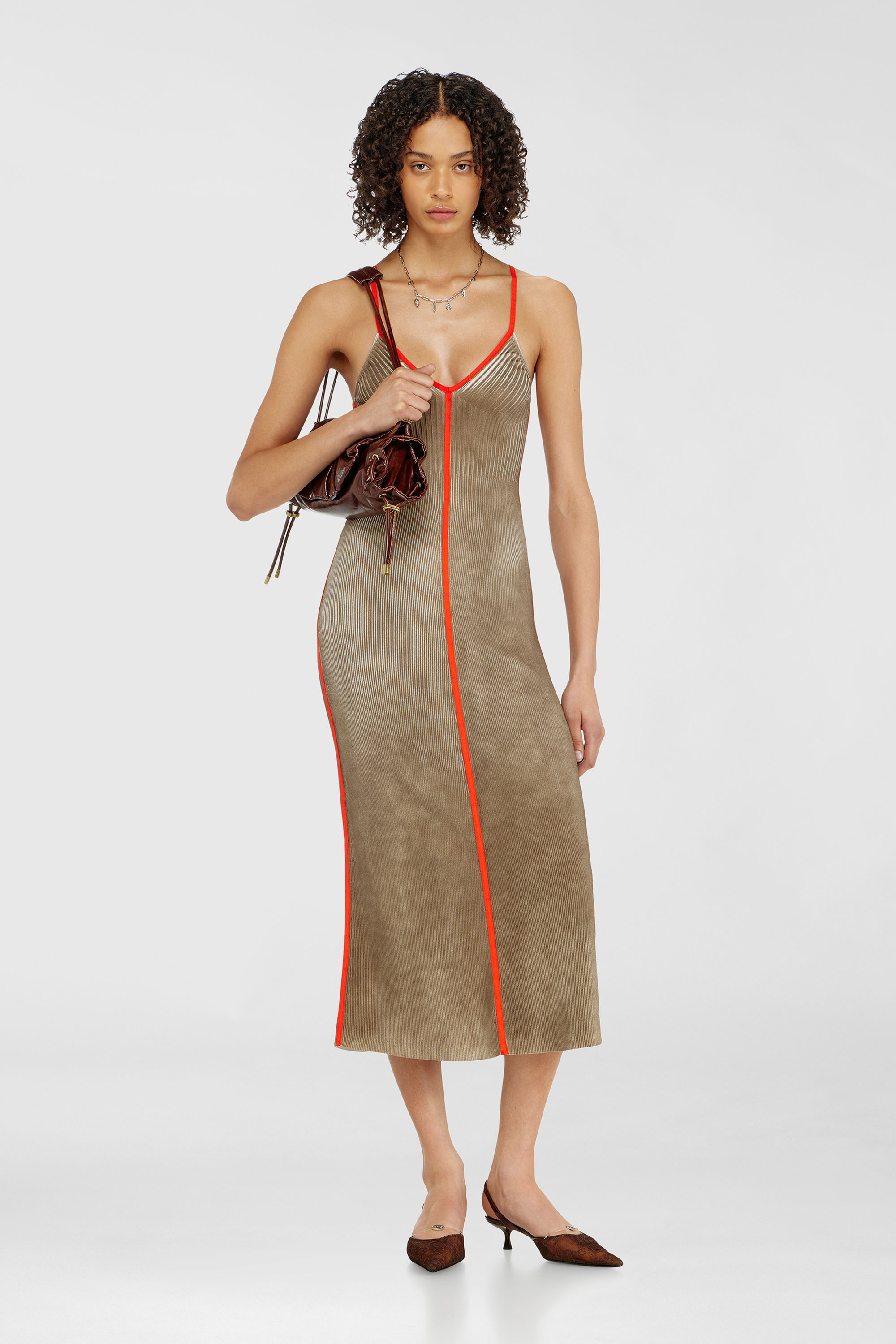 Diesel - M-SARMELA, Woman's Rib-knit midi cami dress with contrast bands in Red/Brown - 2