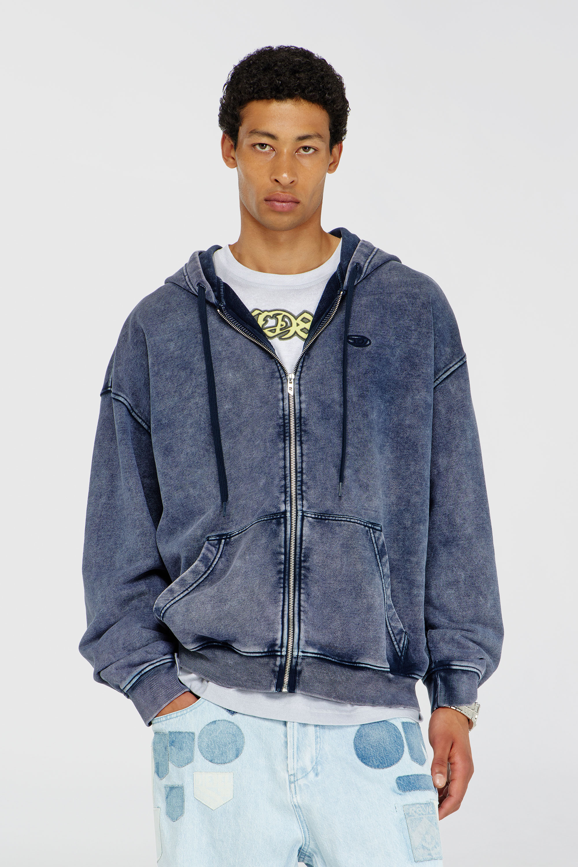 Diesel - S-BOXT-HOOD-ZIP-DEN, Man's Zip-up hoodie in treated cotton fleece in Blue - 1