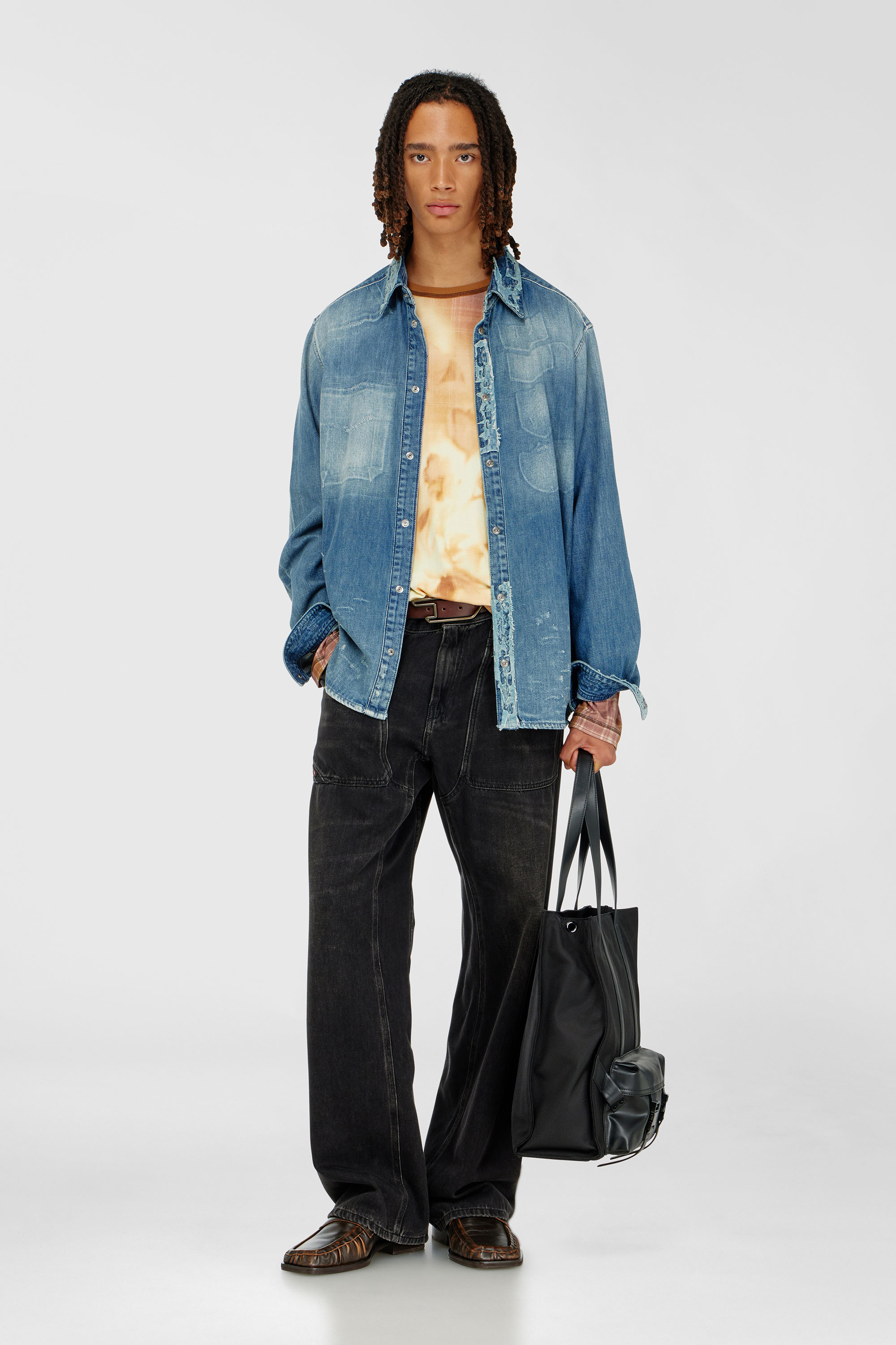 Diesel - D-SIMPLY, Man's Shirt in distressed patch-effect denim in Medium blue - 1
