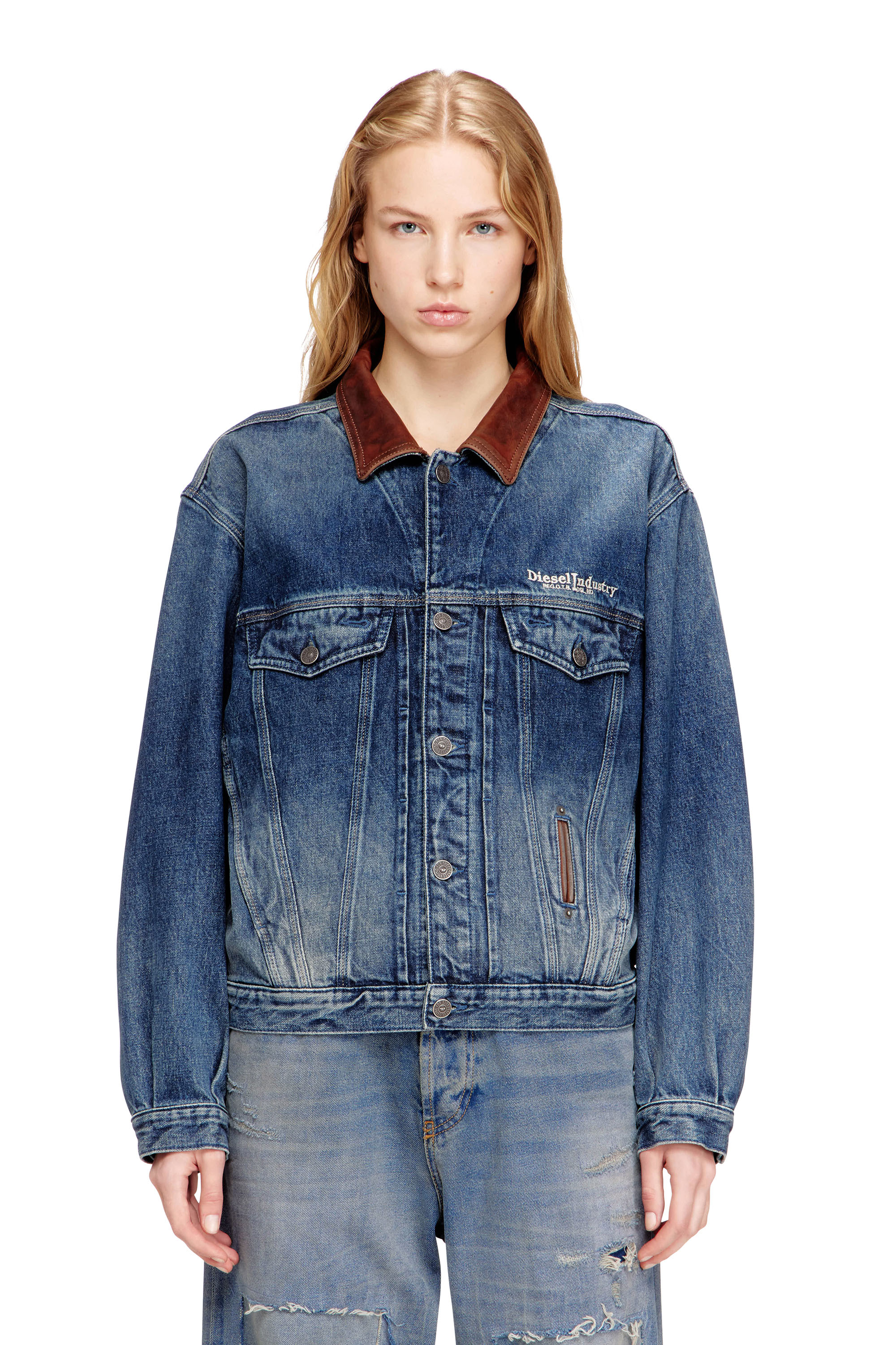 Diesel - D-DENVER-S1, Unisex's Denim trucker jacket with contrast leather trims in null - 2