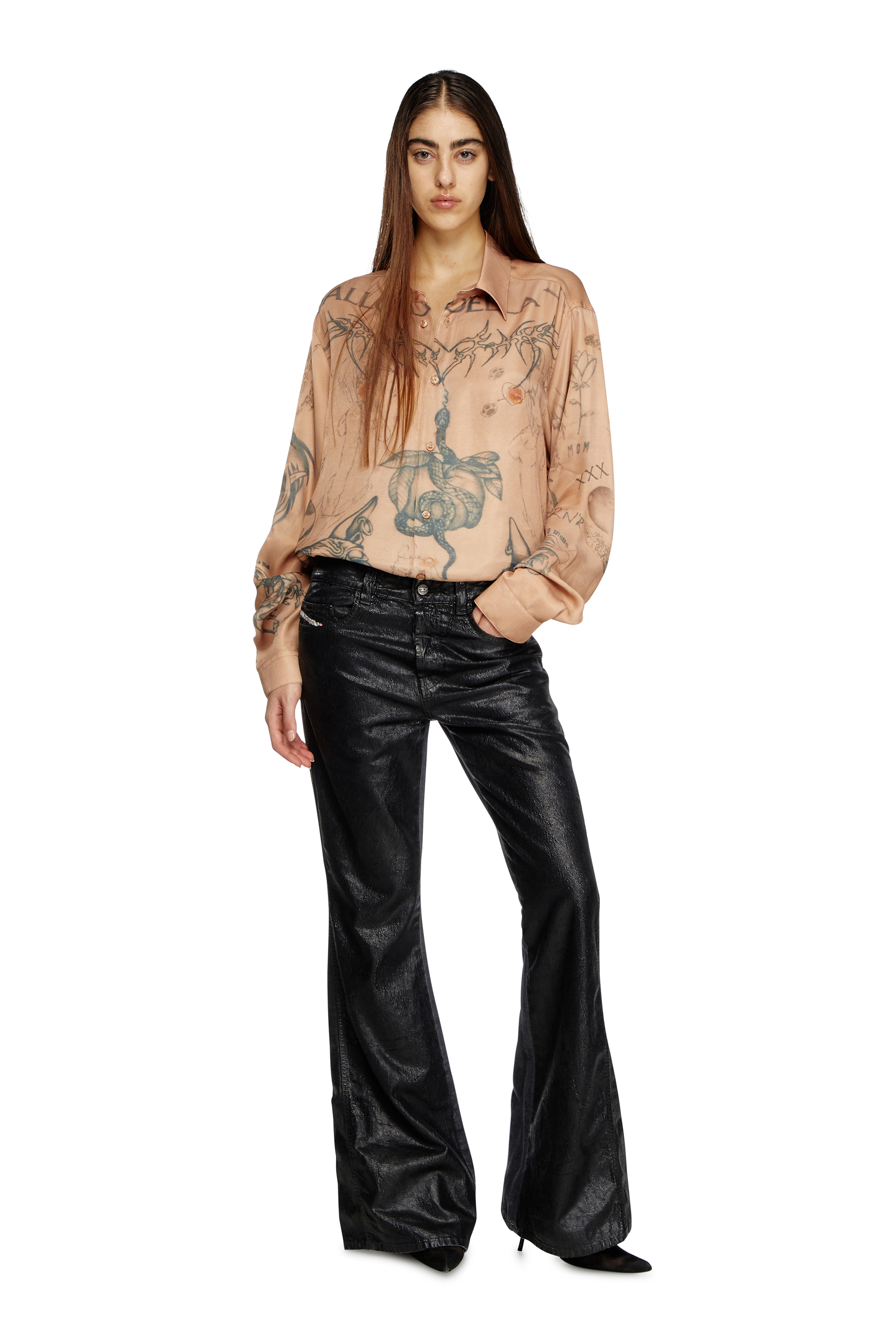 Diesel - S-SIMPLY-TTO-DD, Unisex's Fluid satin shirt with tattoo print in Beige - 8