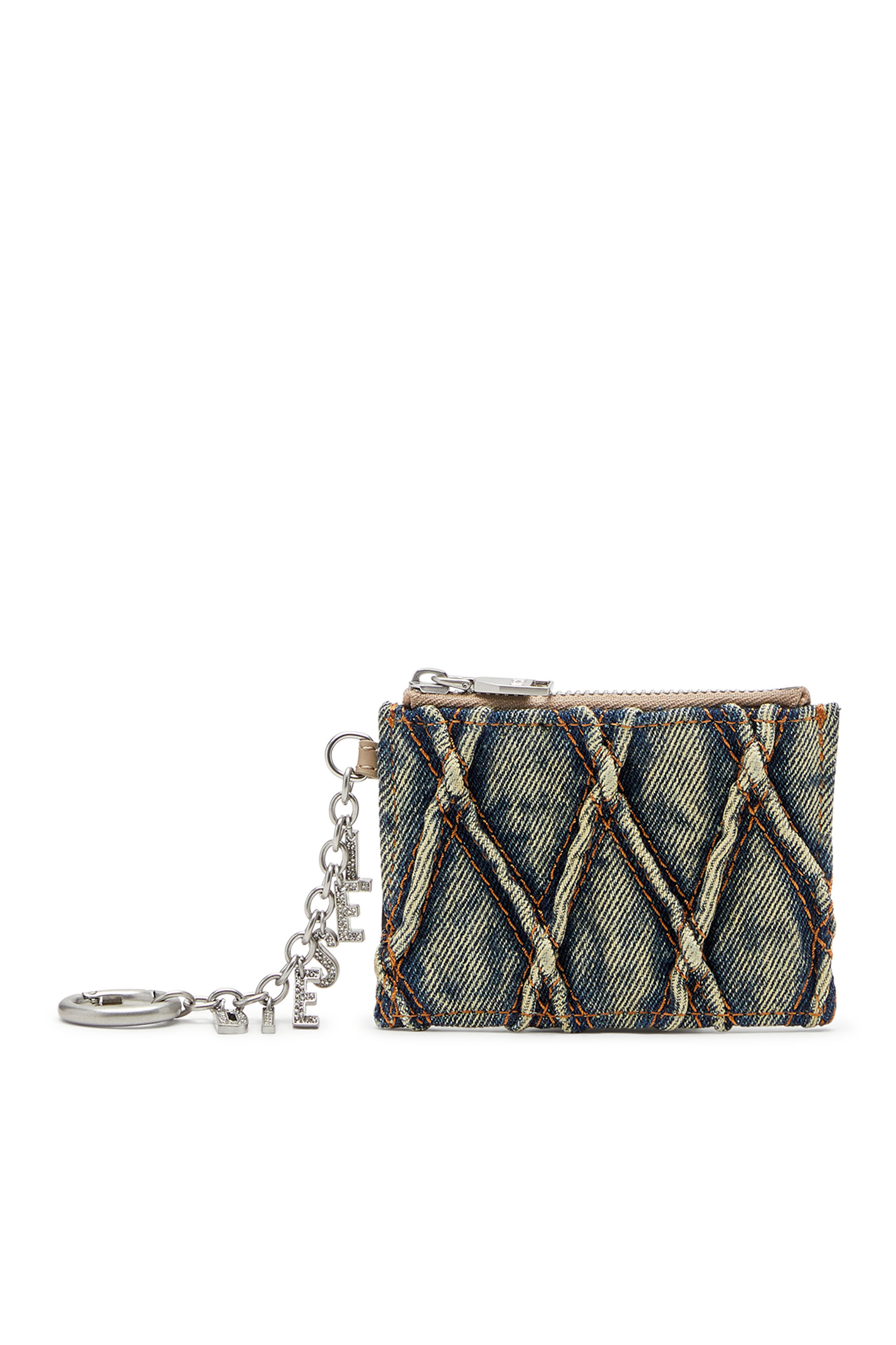 CARD HOLDER WITH CHAIN, Blue Diesel - CARD HOLDER WITH CHAIN, Woman's Card holder in argyle quilted denim in Blue - 1