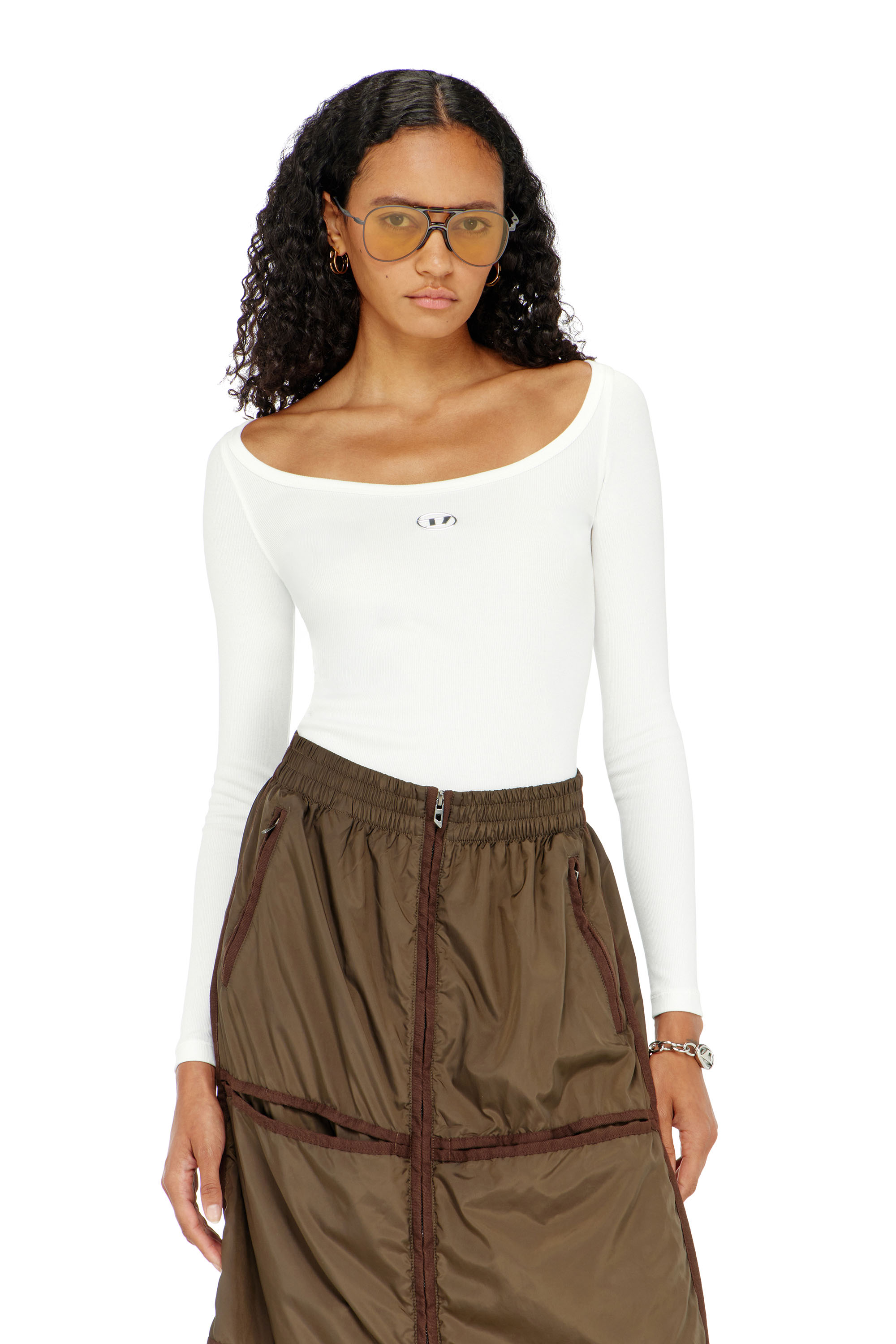Diesel - T-BAL-OD, Woman's Long sleeve ribbed top with metallic Oval D in White - 1