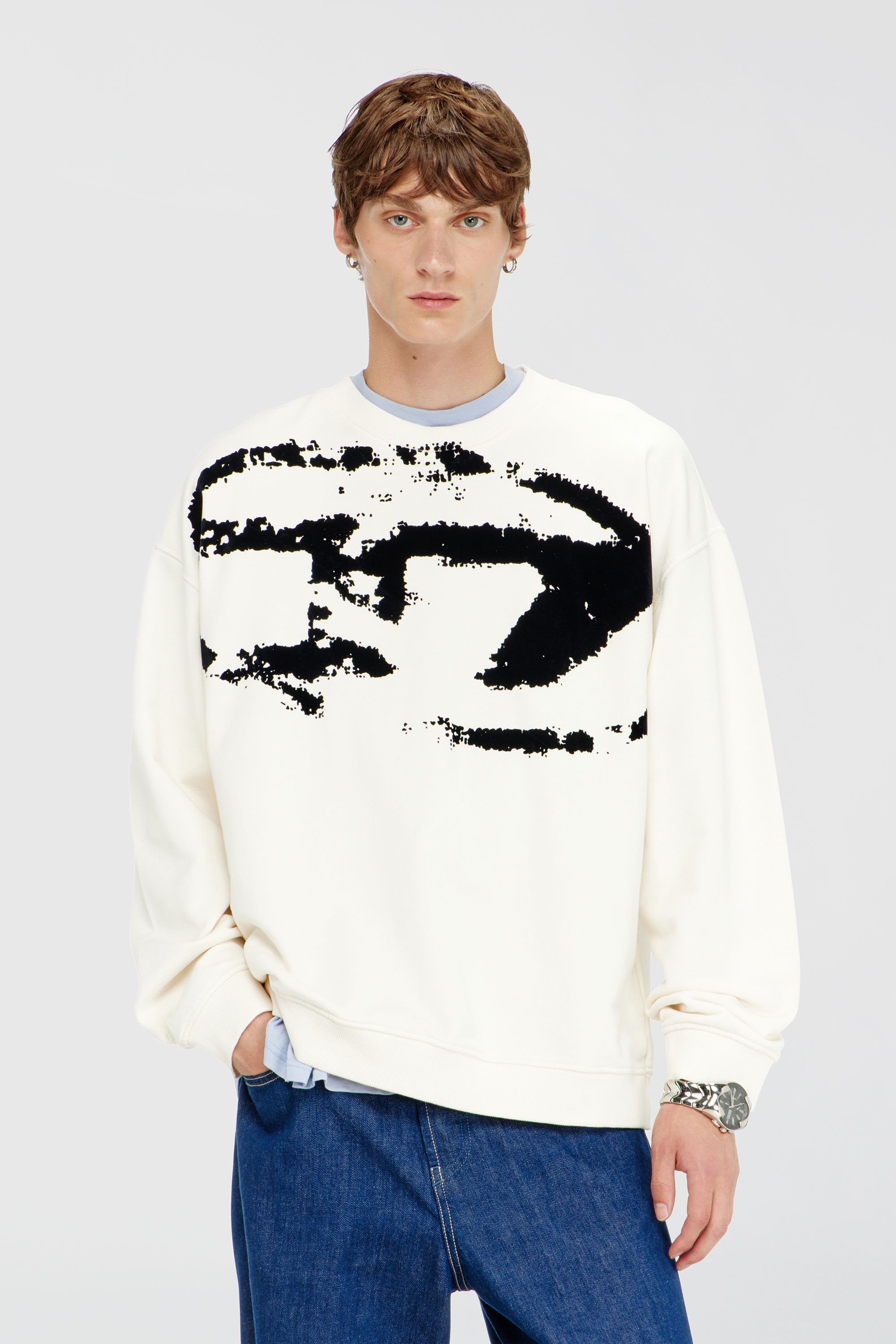 Diesel - S-BOXT-N5, Man's Cotton sweatshirt with flocked Oval D in Black/White - 1