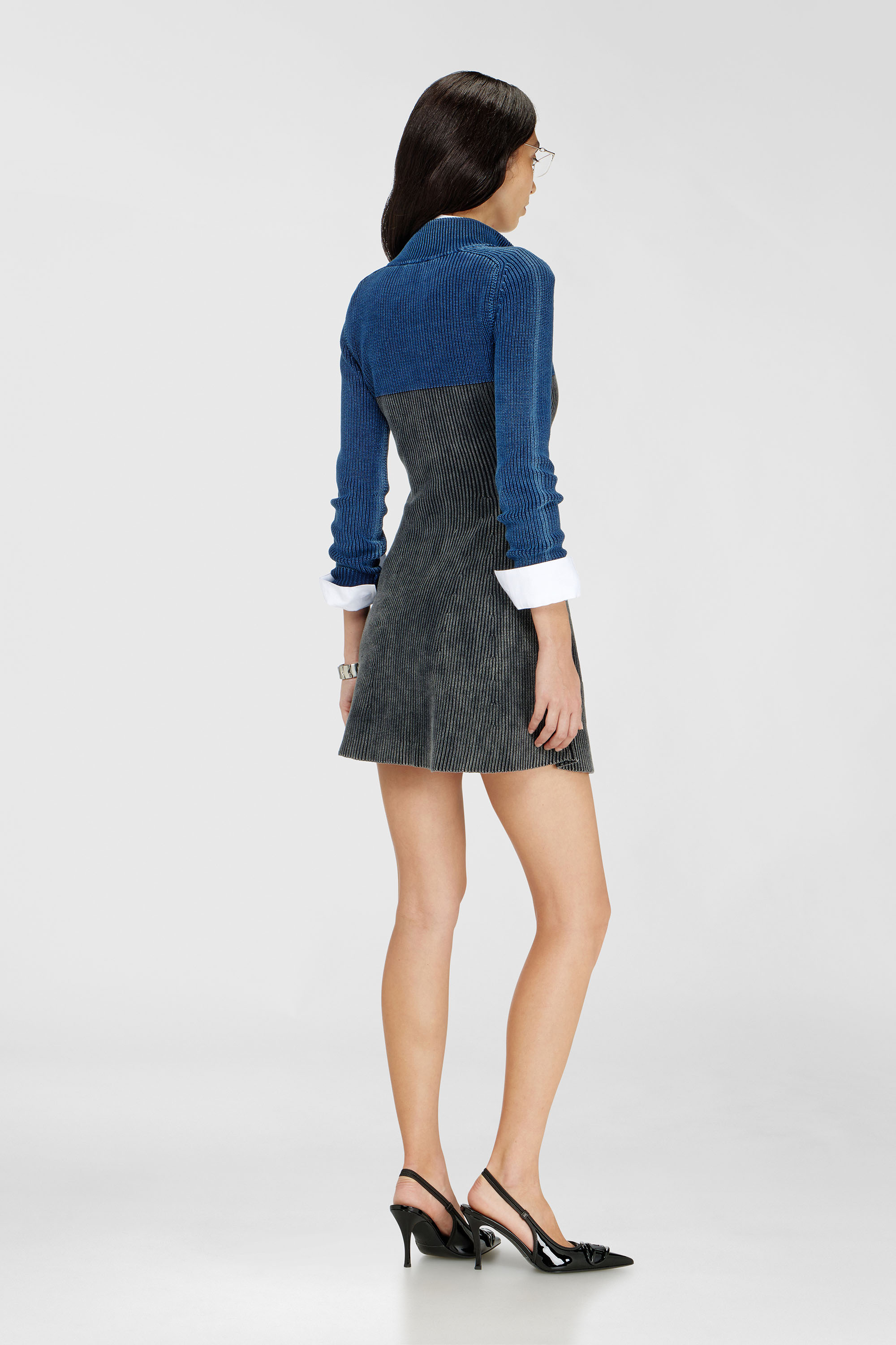 Diesel - M-HERMOSA, Woman's Rib-knit mini dress with two-tone denim effect in Blue/Black - 3